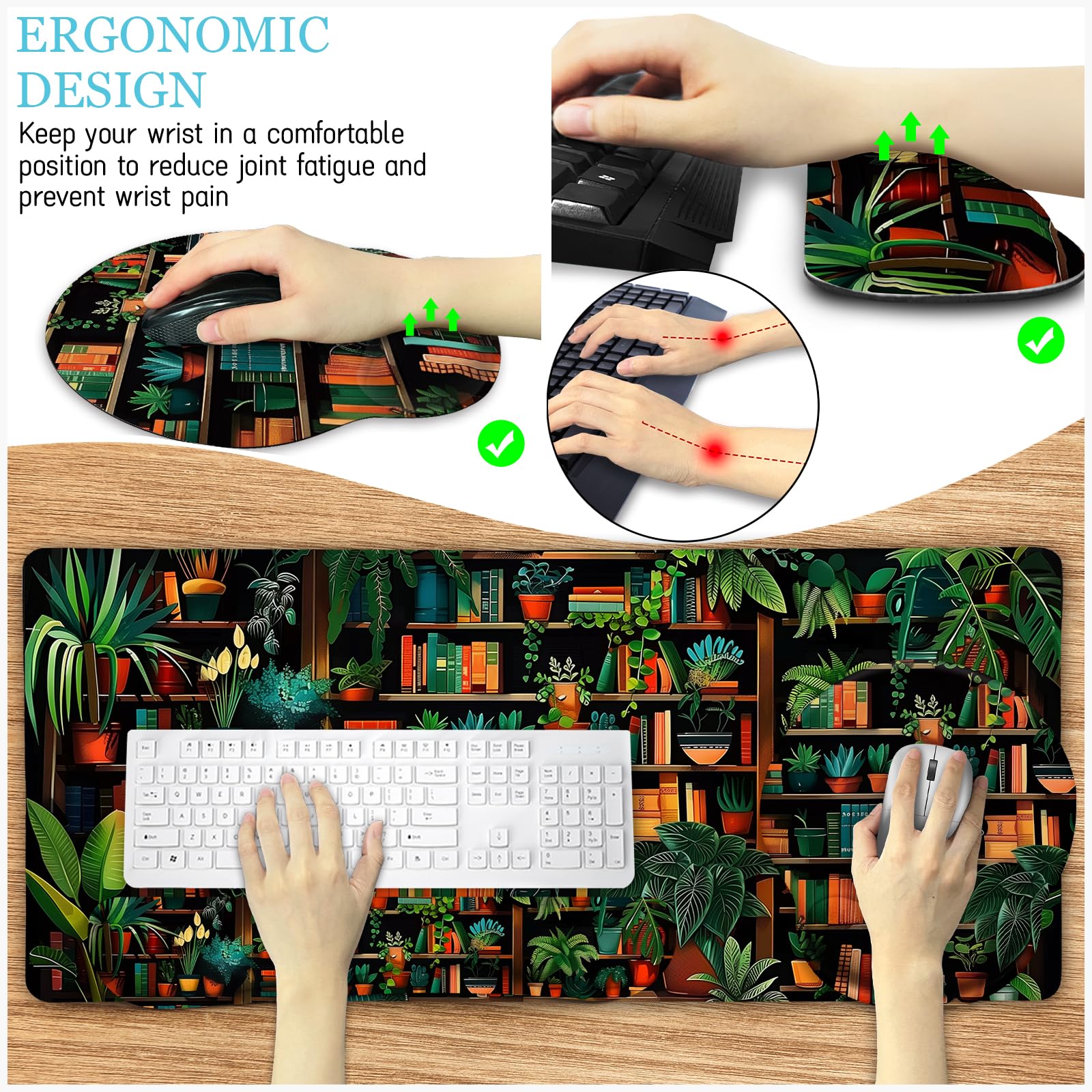 LIMKRIAN Bookshelf Mouse Pad with Wrist Rest, Plant Desk Mat Set Decor