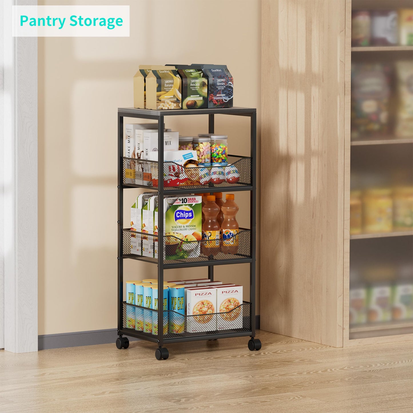HapiRm Fruit Basket Kitchen Cart - 4-Tier Rolling Storage Cart with Wheels, Fruit Vegetable Basket