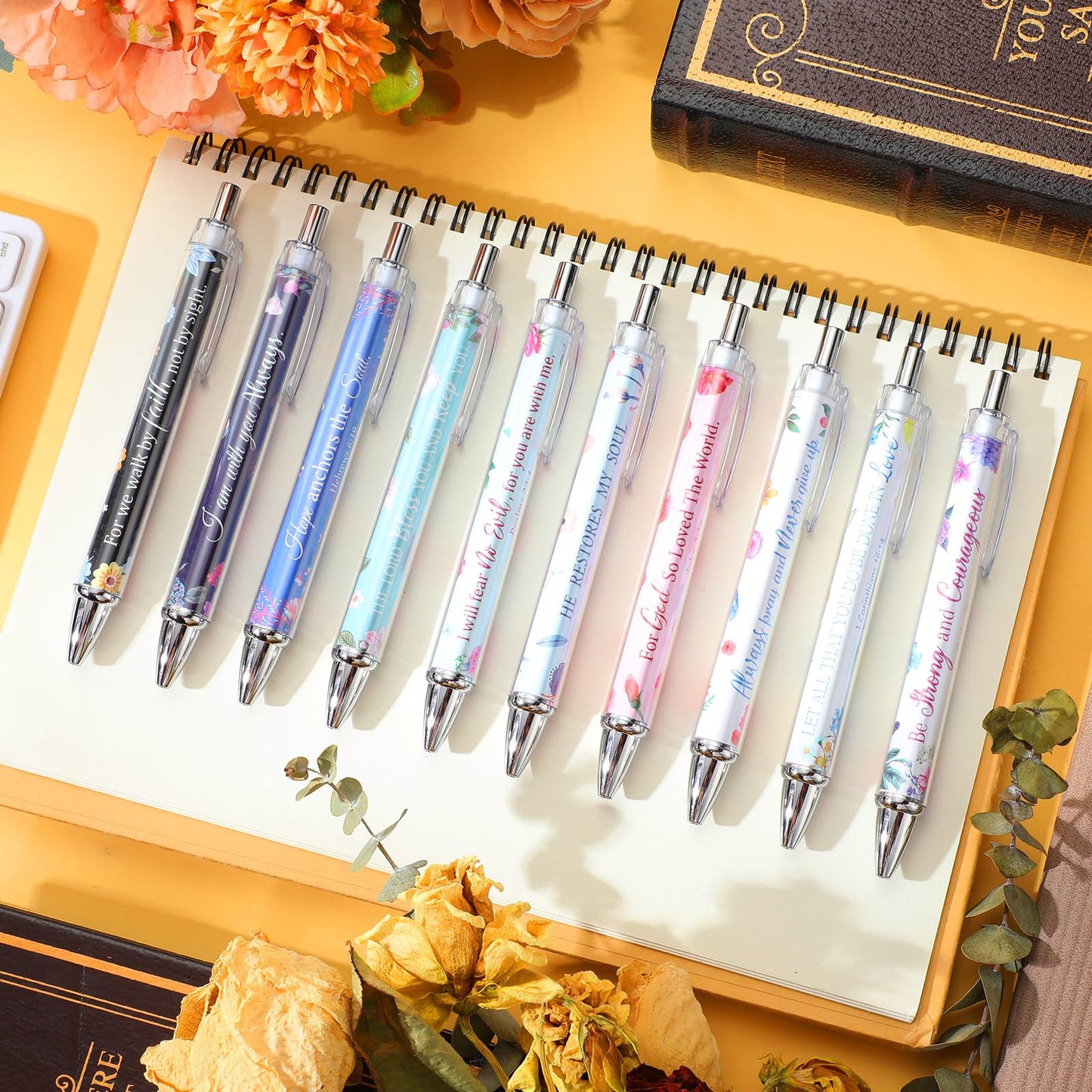 Qeeenar 50 Pcs Bible Verse Pens Christian Gift,Luxuriant Flowers