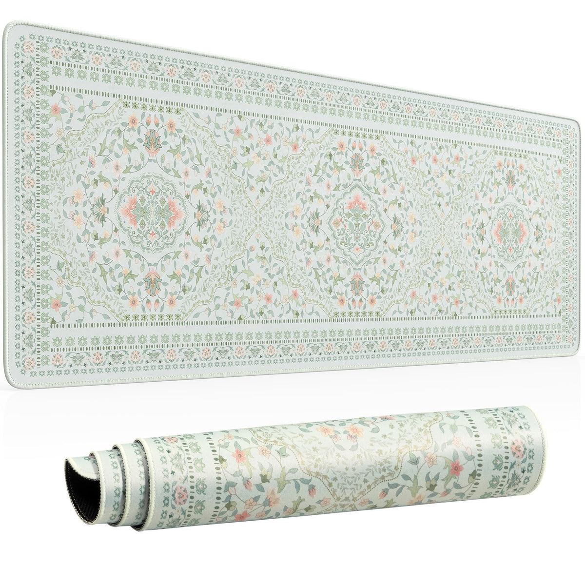 HAOCOO Light Green Floral Deskmat, 31.5" x 11.8" Mousepad for Dorm Room