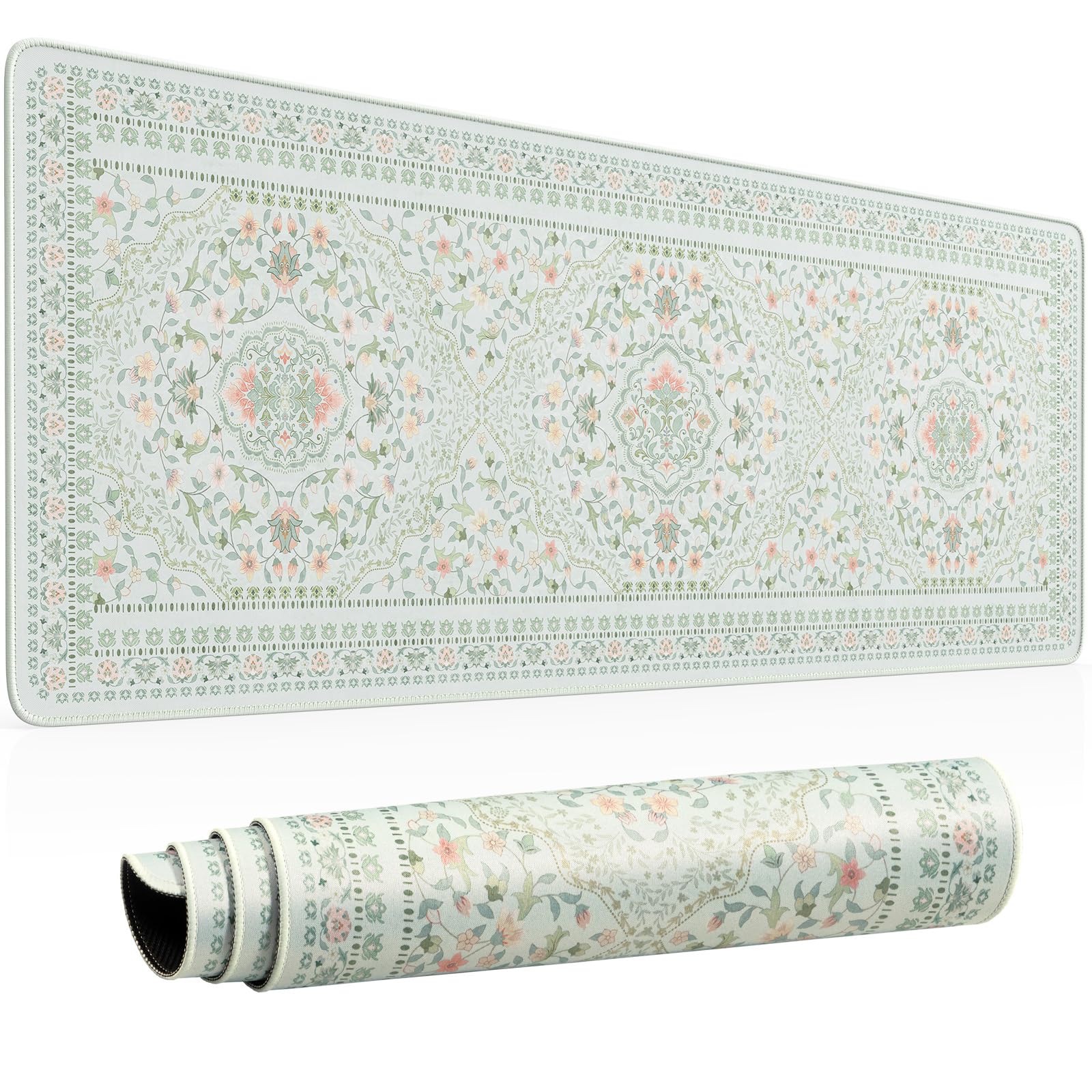 HAOCOO Light Green Floral Deskmat, 31.5" x 11.8" Mousepad for Dorm Room