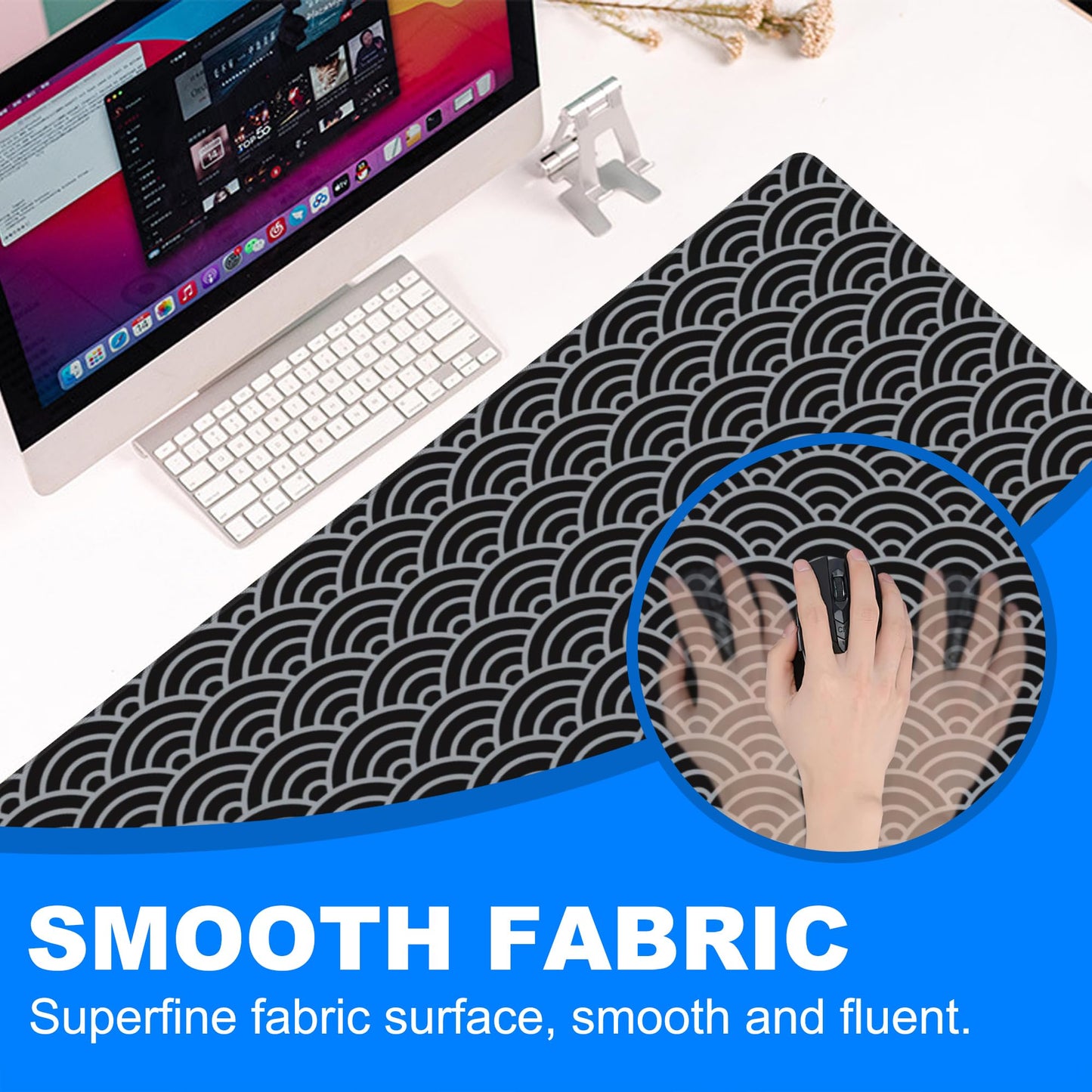 Desk Pad, Black and Silver Fan-Shaped Waves Extended Gaming Mouse Pad Large, 31.5"x11.8" Big Mouse