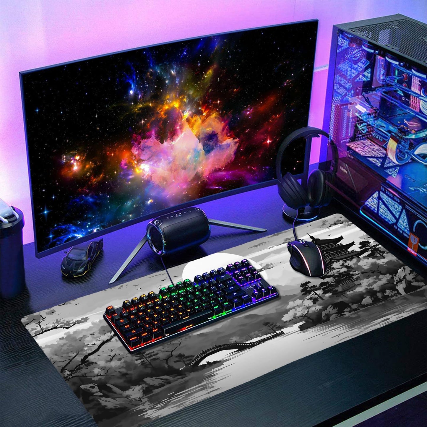 Black Gray Japanese Sakura Gaming Mouse Pad Grey White Cherry Blossom Tower Mountain Aesthetic