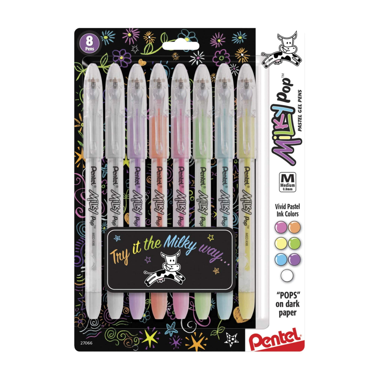 Pentel Milky Pop Pastel Gel Pen, (0.8mm), Medium Line, Assorted Colors, Pack of 8 (K98BP8M)
