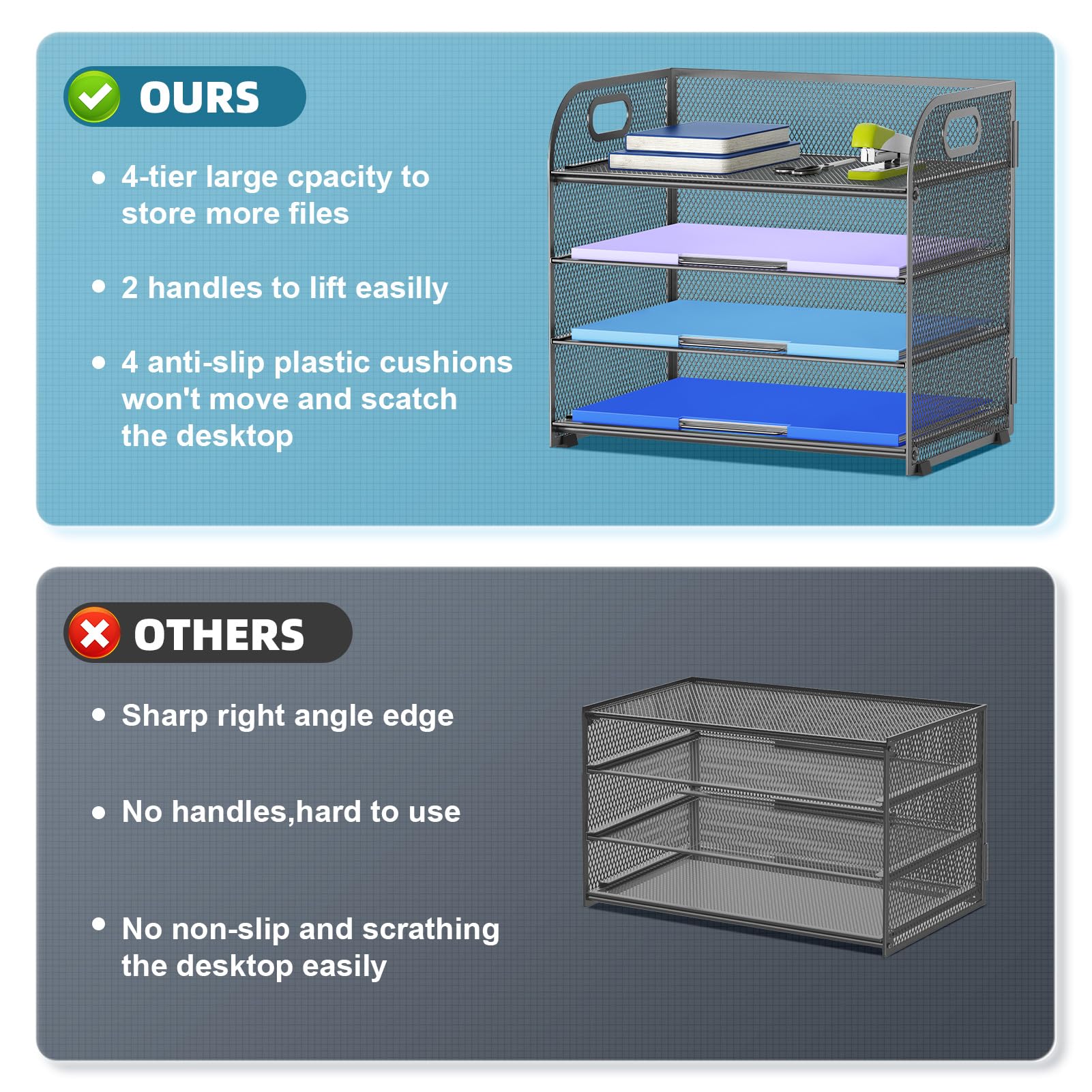 Marbrasse 4 Tier Paper Organizer Letter Tray - Mesh Desk File Organizer with Handle, Paper Sorter