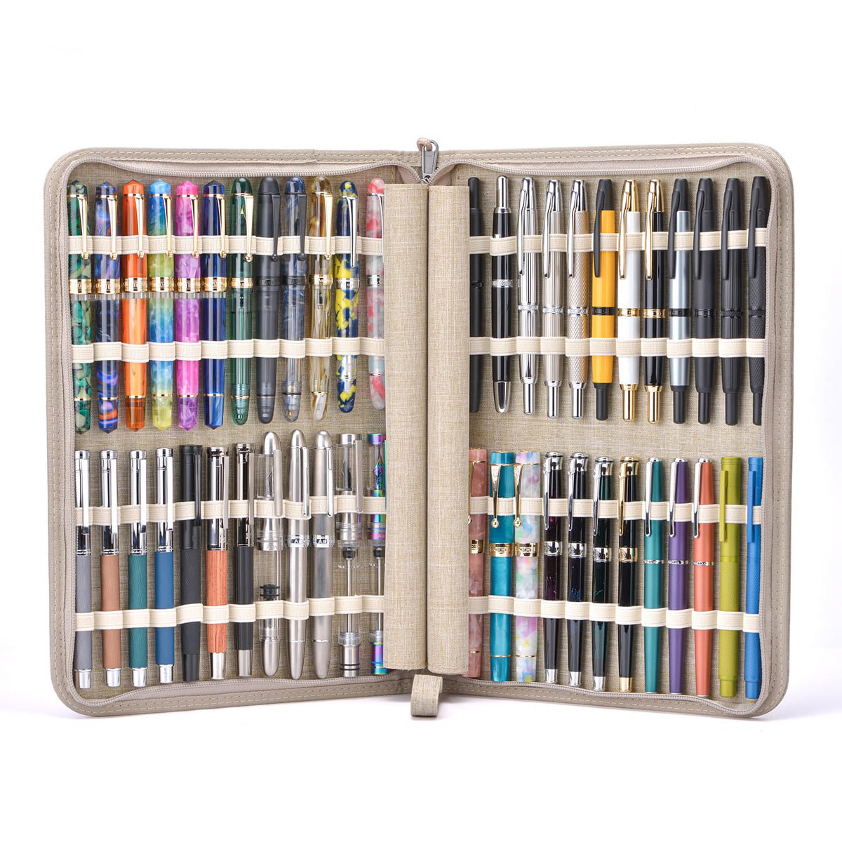 Lanxivi 48 Fountain Pen Case Tan Organizer Bag, Waterproof Canvas Pen Display Holder with YKK zipper