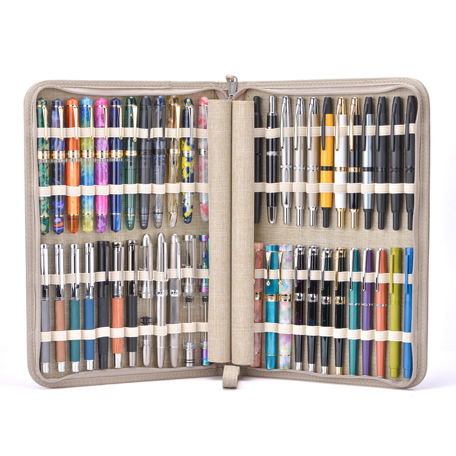 Lanxivi 48 Fountain Pen Case Tan Organizer Bag, Waterproof Canvas Pen Display Holder with YKK zipper