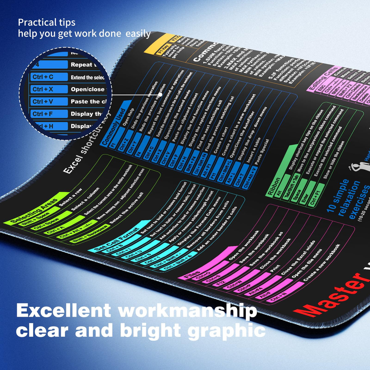 Excel Cheat Sheet Desk pad—Contains 12 Types of Common Skills in Excel and Word|Large XL Size（35.45
