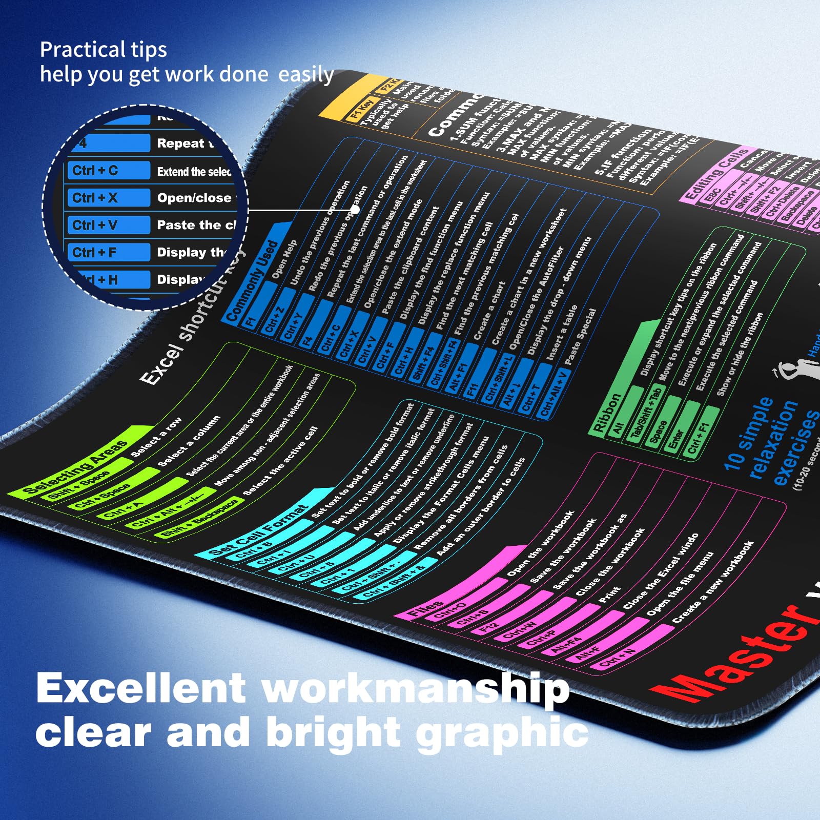 Excel Cheat Sheet Desk pad—Contains 12 Types of Common Skills in Excel and Word|Large XL Size（35.45