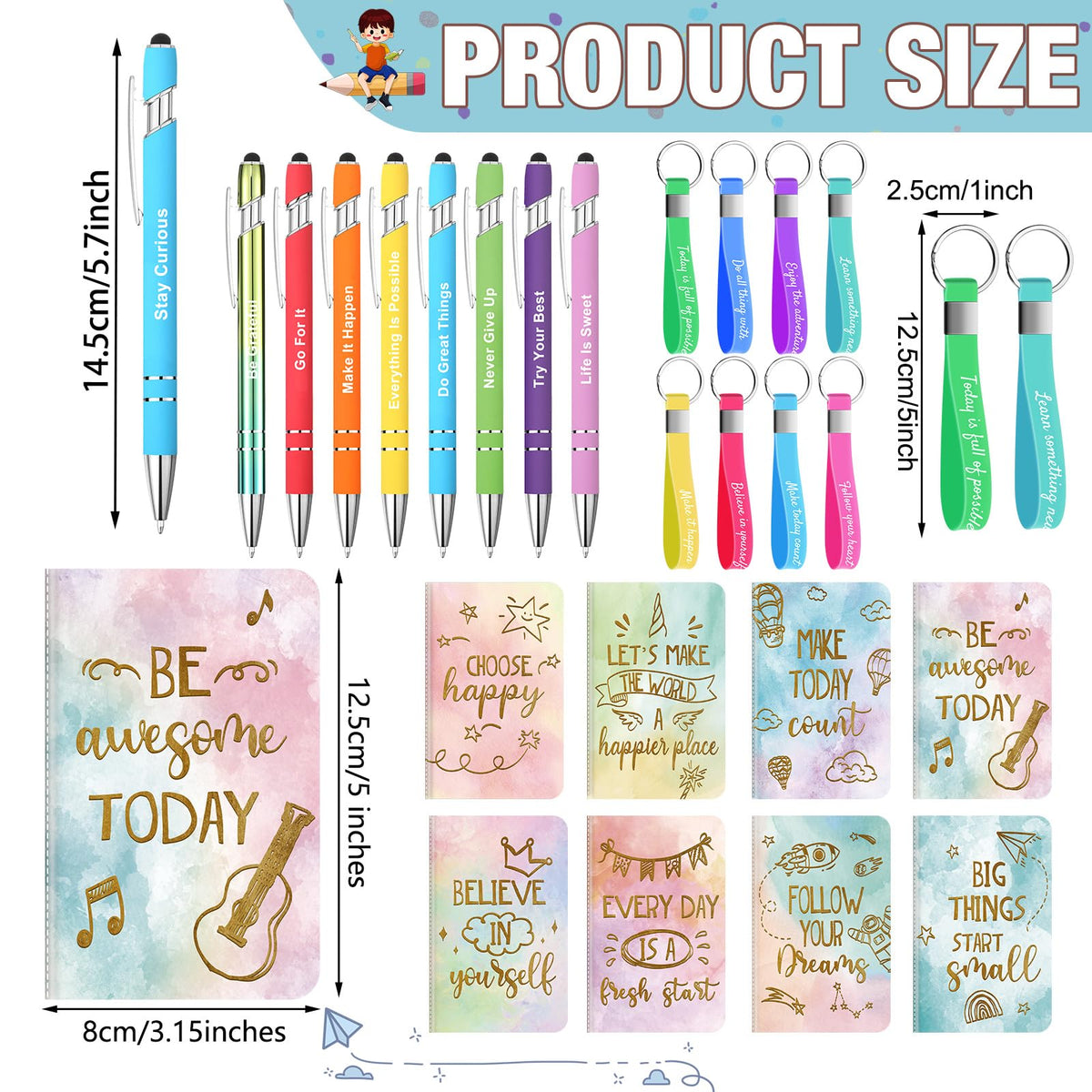 PerKoop 48 Pcs Inspirational Gifts Bulk Motivational Employee Notepads Ballpoint Pens Keychains Set