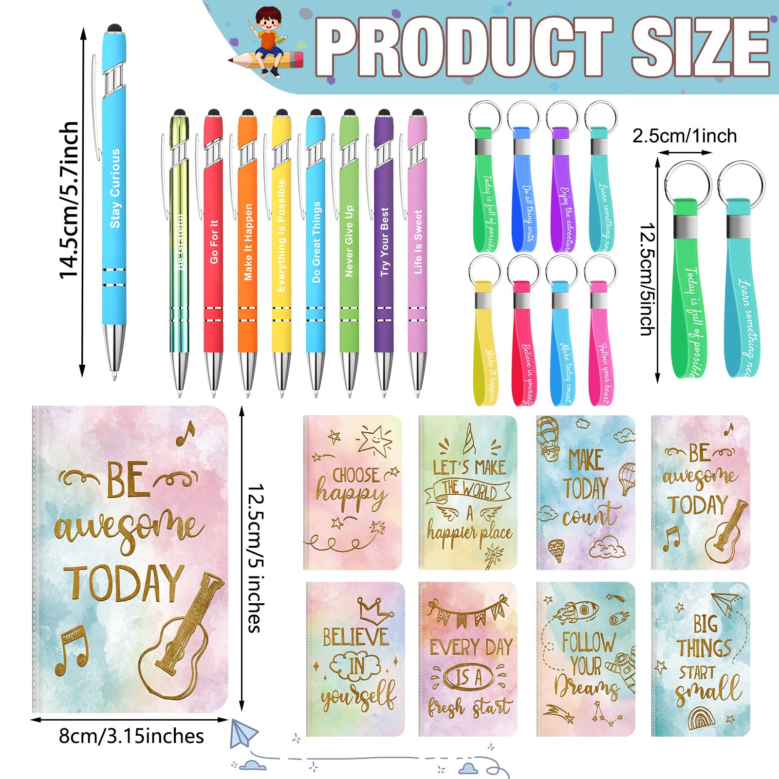 PerKoop 48 Pcs Inspirational Gifts Bulk Motivational Employee Notepads Ballpoint Pens Keychains Set