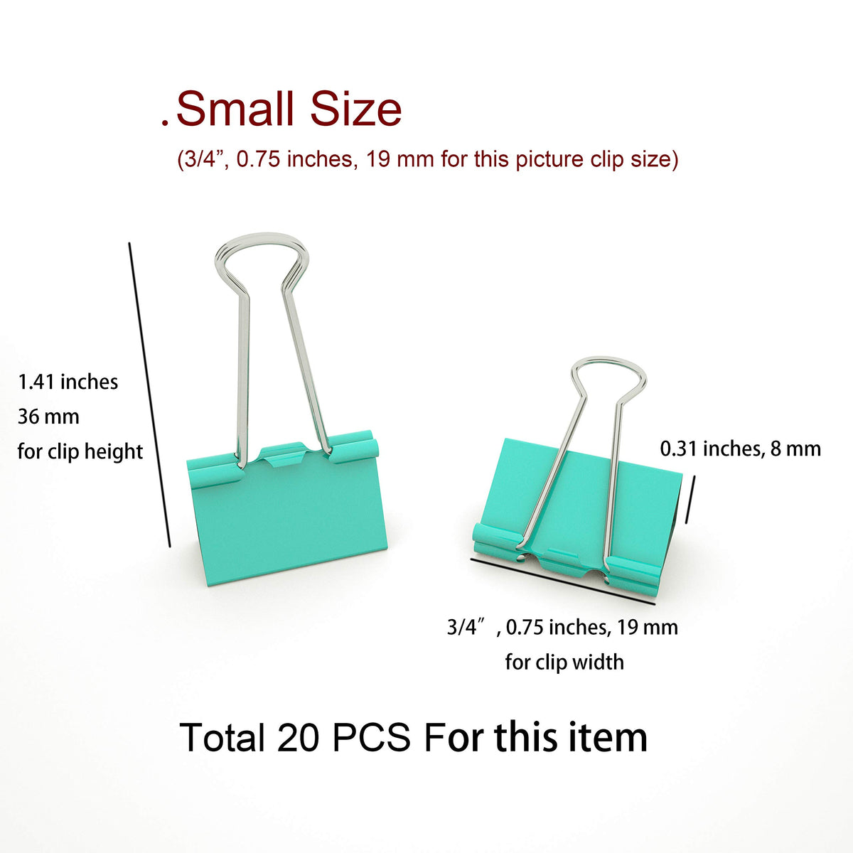Nctinystore Binder Clips Small Metal Clamp 0.75 inch / 19 mm ?Light-Green, 20-PCS)