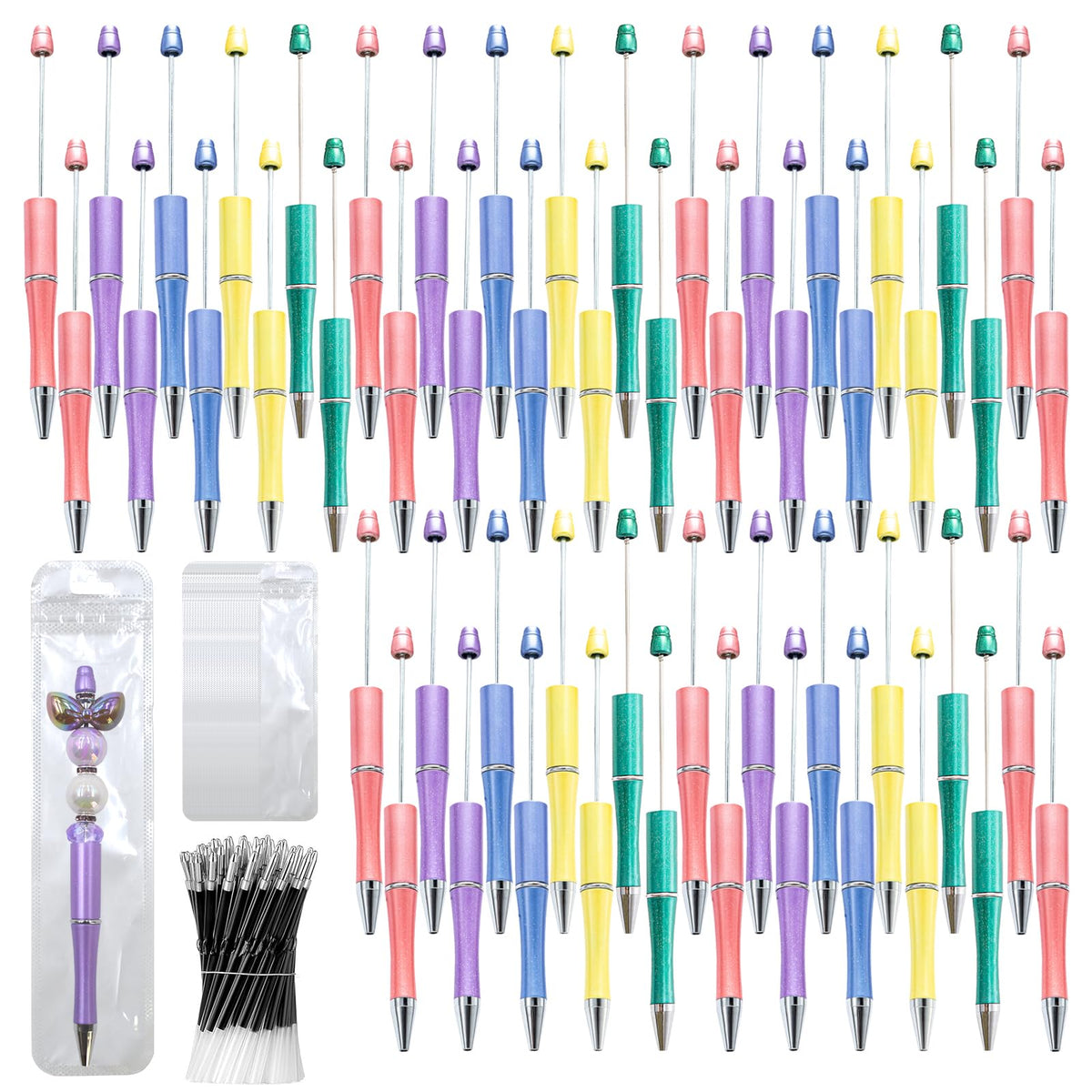 DASTTUIS 150 Pieces DIY Beadable Pen Kit – 50 Plastic Ballpoint Pens with Refills & Bags – School