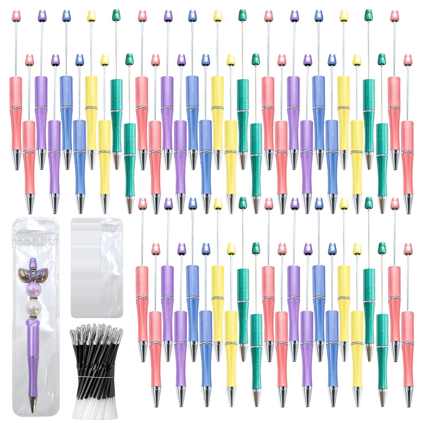 DASTTUIS 300 Pieces DIY Beadable Pen Kit – 100 Plastic Ballpoint Pens with Refills & Bags – School