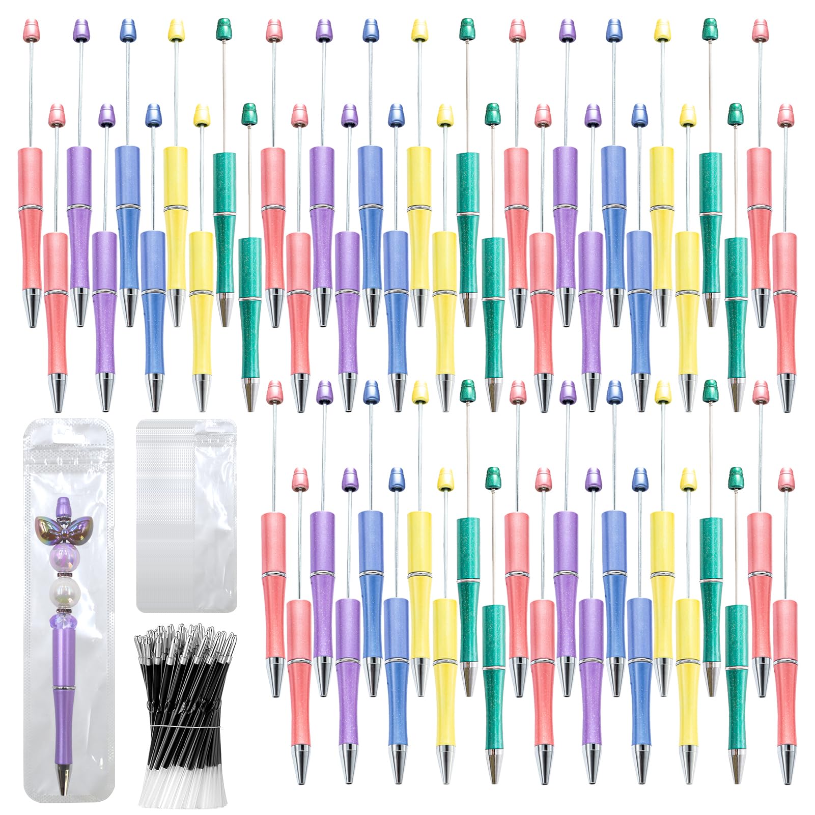 DASTTUIS 300 Pieces DIY Beadable Pen Kit – 100 Plastic Ballpoint Pens with Refills & Bags – School
