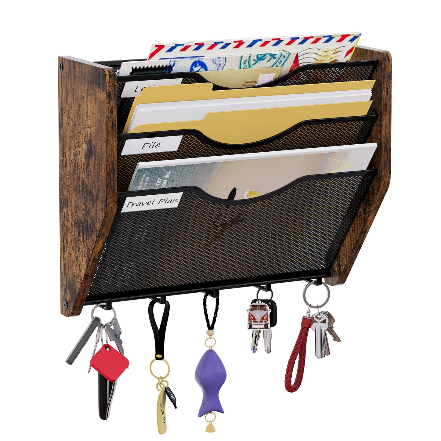 PAG-Mass Wall File Organizer With Hooks,3 Tier Mesh Mail Organizer Wall Mounted,Hanging File