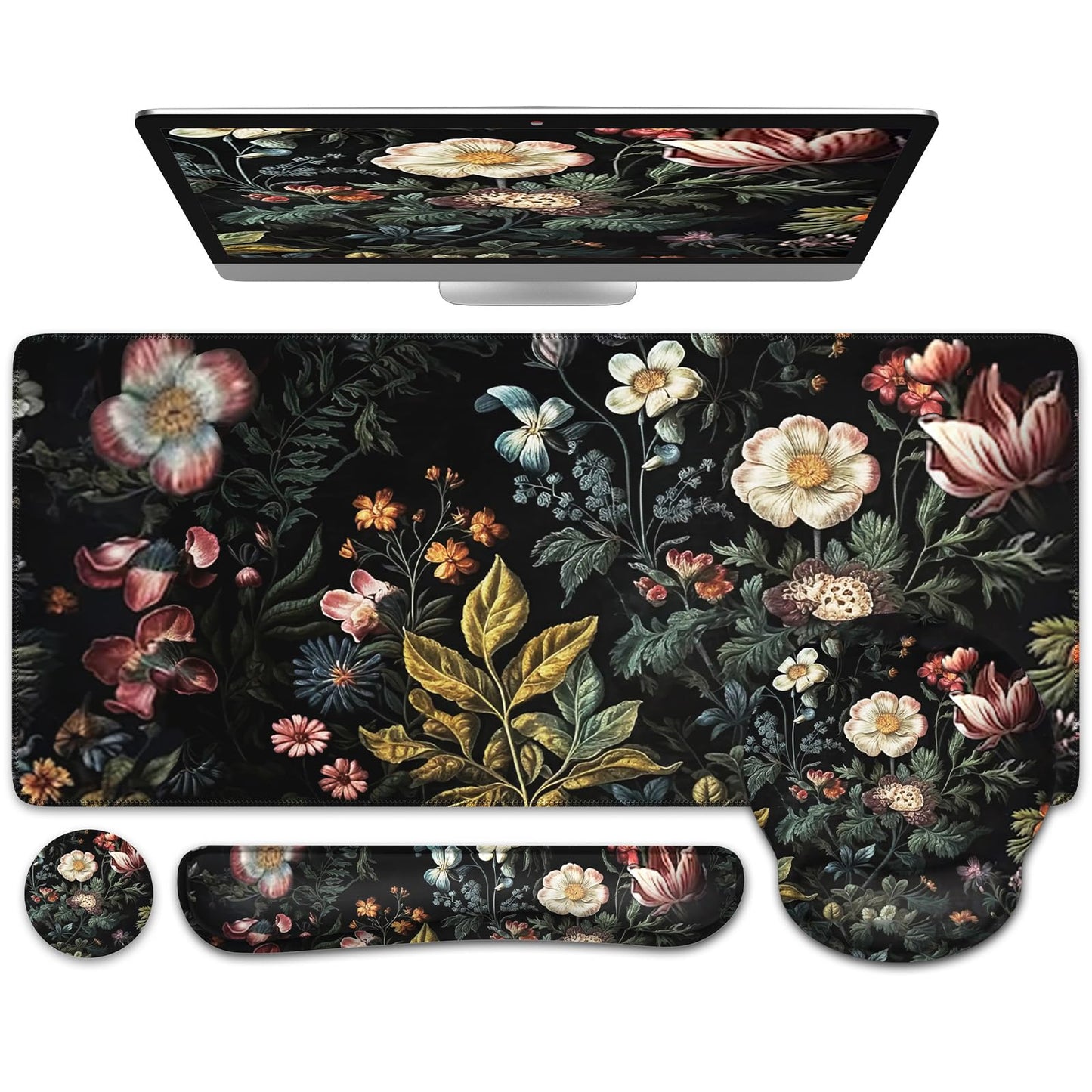 iCasso Desk Cover Mat, 4in1 Floral Large Mouse Pad with Wrist Rest