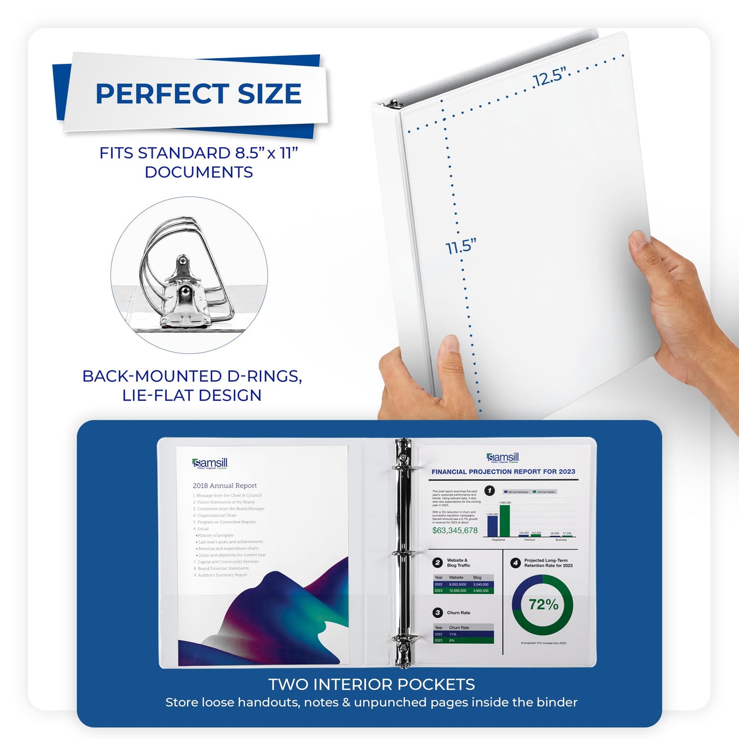Samsill Durable 1 inch 3 Ring Binder, D Ring Binder, 100% Recycled Chipboard, White, 12 Pack