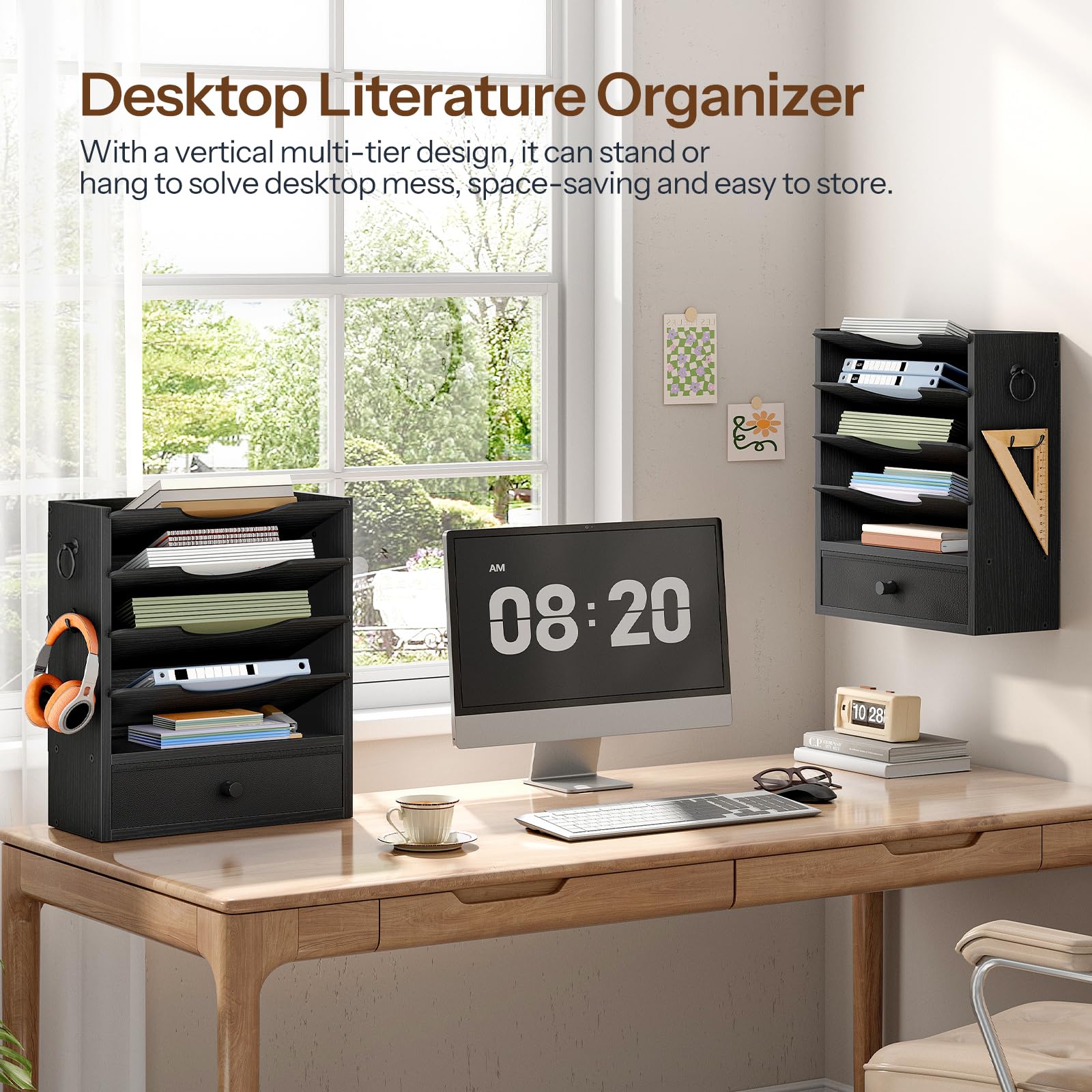HOOBRO Wall File Organizer, Mail Organizer Wall Mounted, Wooden Literature Organizer, Construction