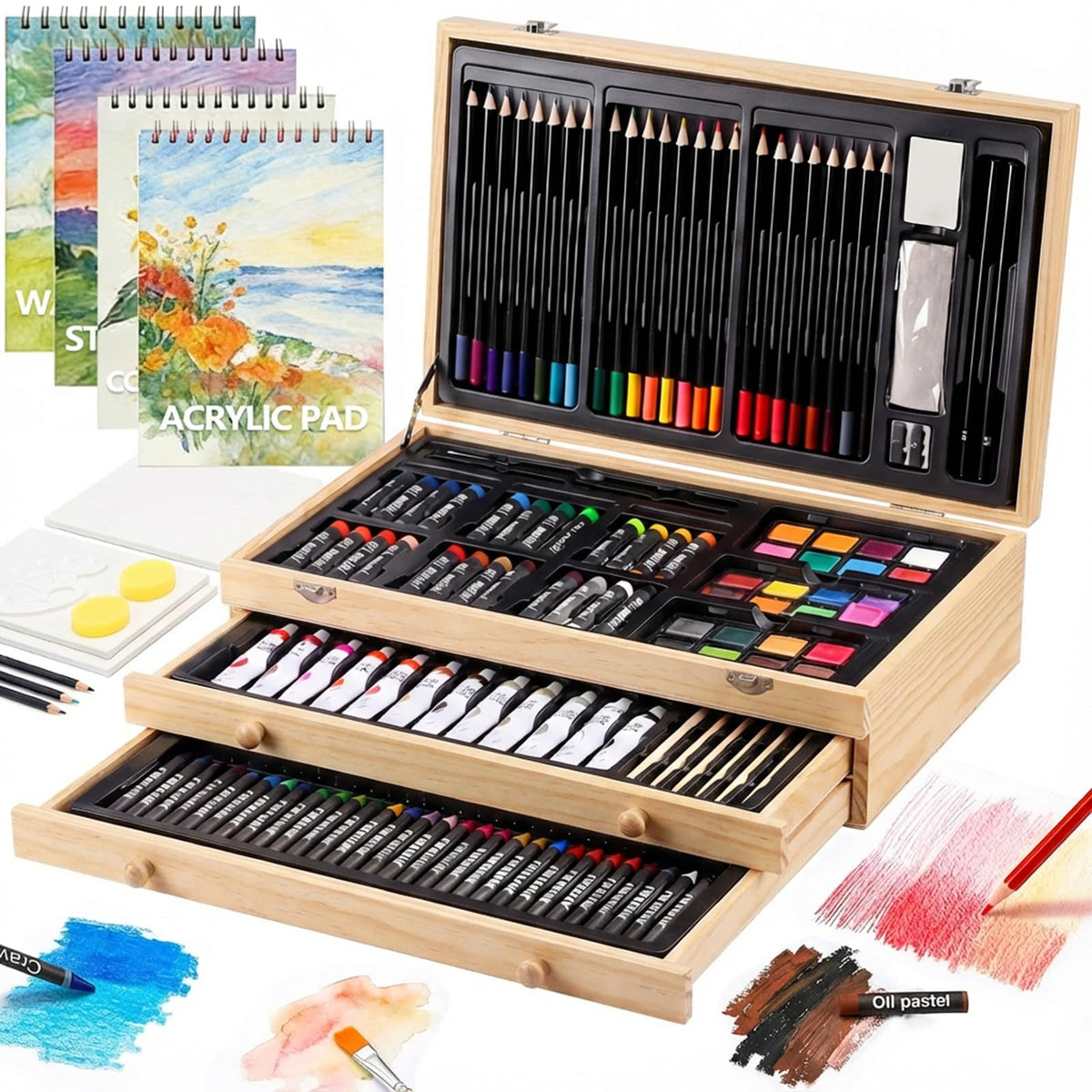 194 Piece Deluxe Art Set, Painting Drawing Art Supplies with 4 Drawing Pads, Acrylic Paints