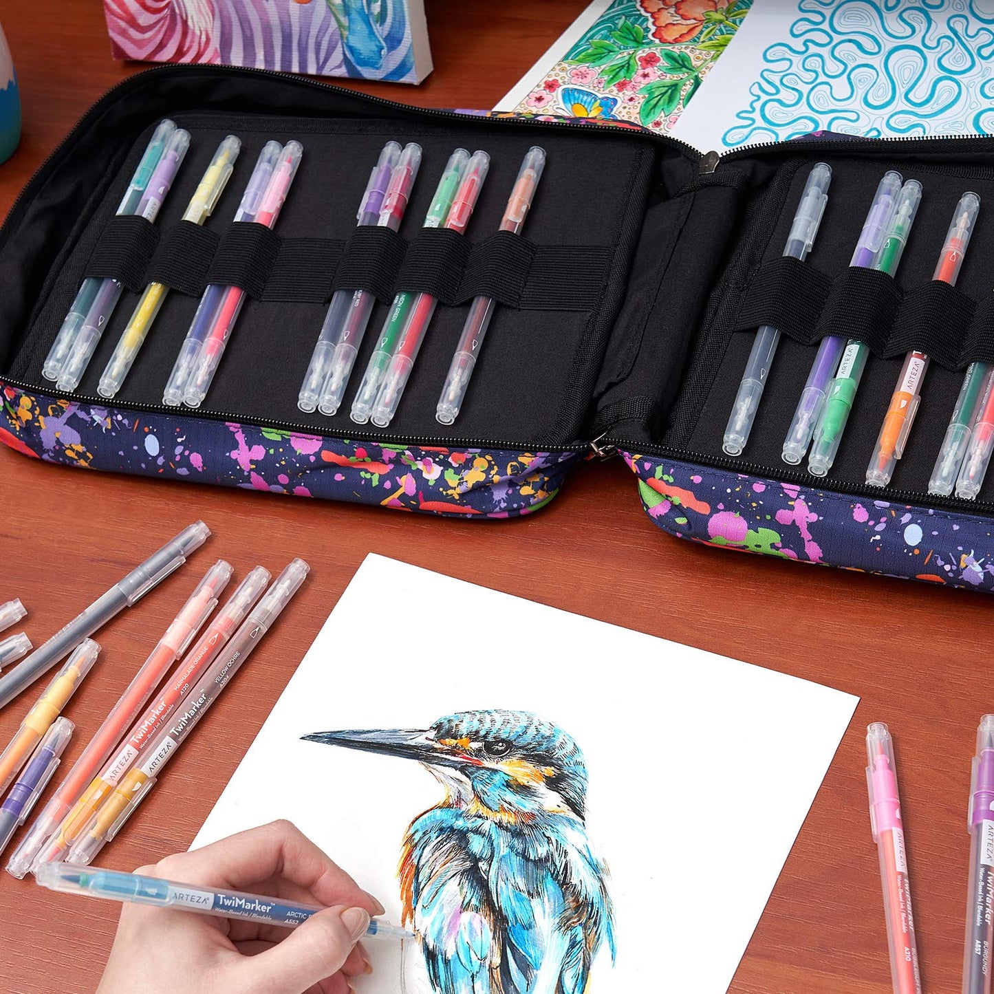 Arteza Pencil Case Organizer, 64 Elastic Slots, Paint Splatter Pattern, Large Capacity, Holds Up to