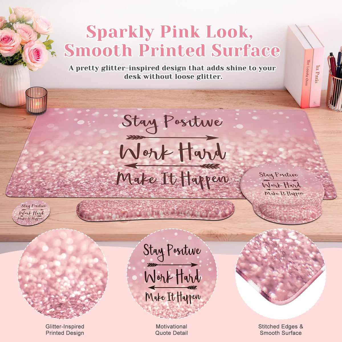 iCasso Pink Ergonomic Mouse Pad with Wrist Rests Set for Desk Accessories