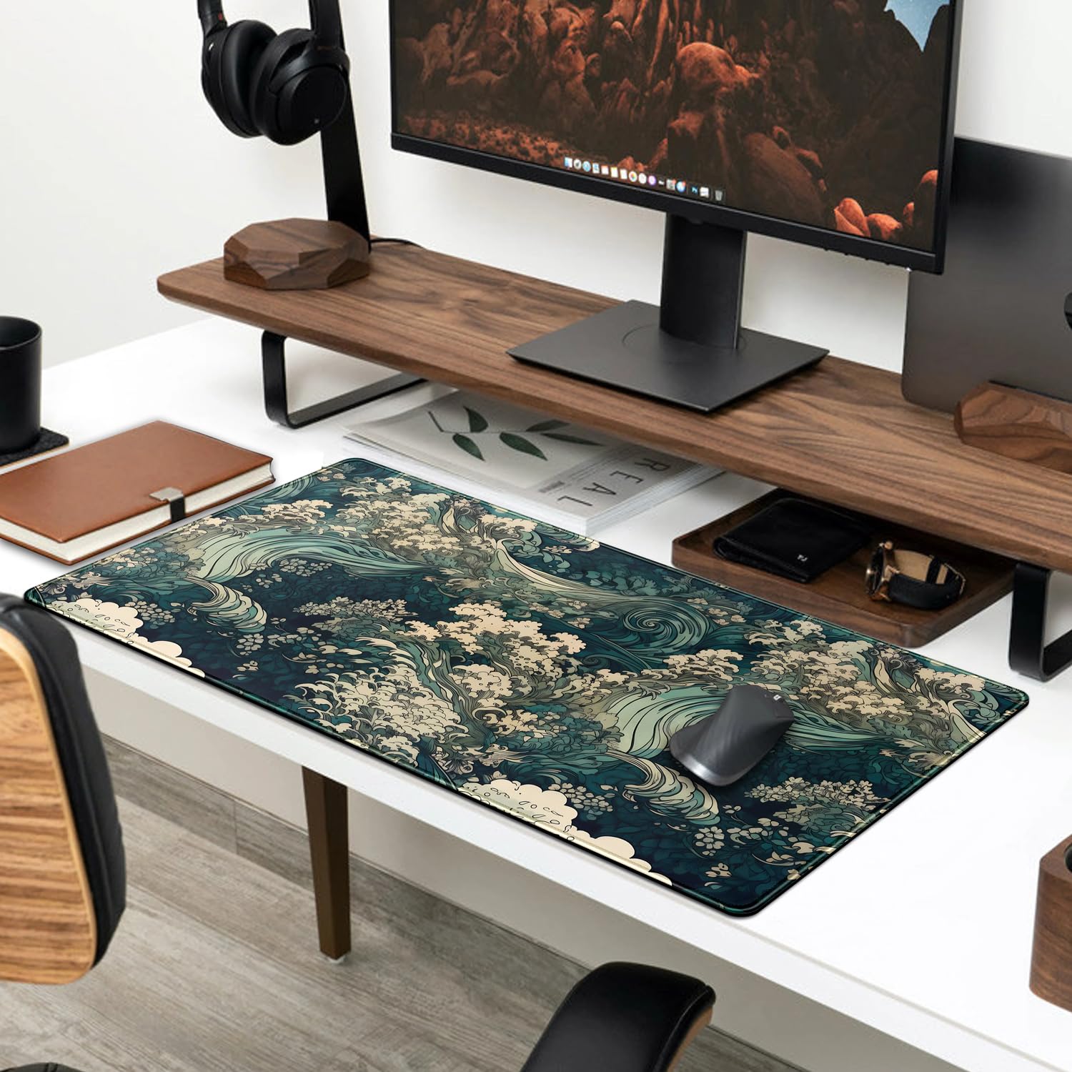 Japanese Large Mouse Pad Gaming Sea Wave Desk Pad Blue Sea Flower Art Aesthetics Desk Pad Non-Slip