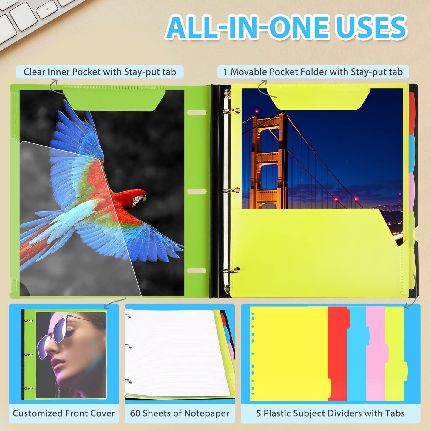 WOT I 2-Pack Telescoping 3 Ring Binder Notebooks, Green