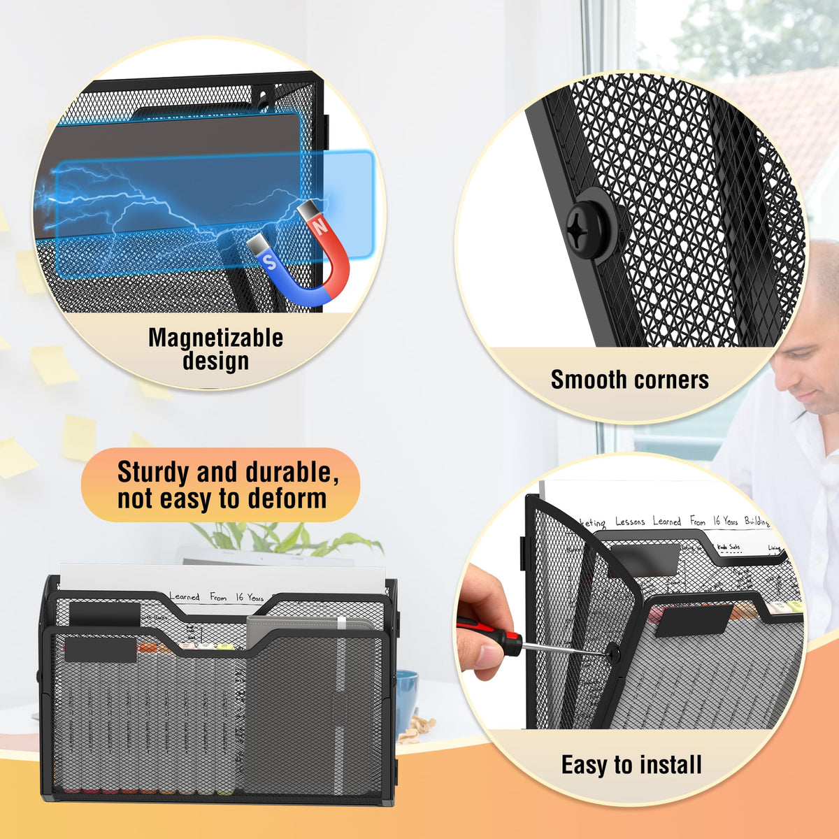 Docnest 3 Pack 2 Tier Dual-Mount Magnetic Mesh File Holders, Wall Organizer