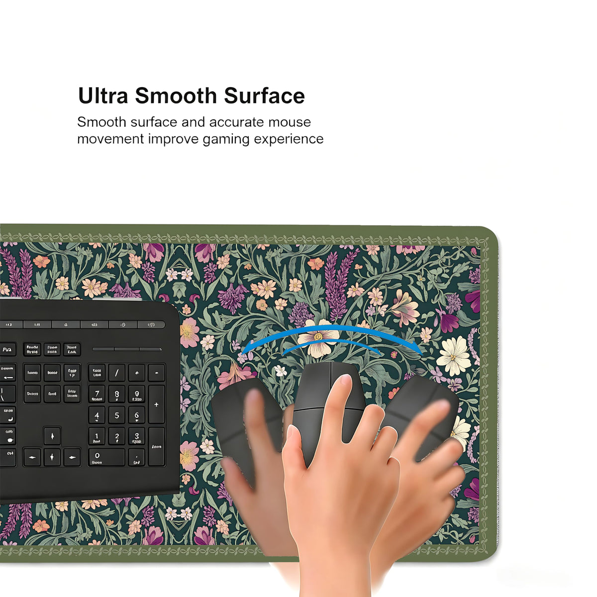 Cute Floral Aesthetic Lavender Gaming Mouse Pad, Dark Green Rug Desk Mat with Anti-Slip Base &