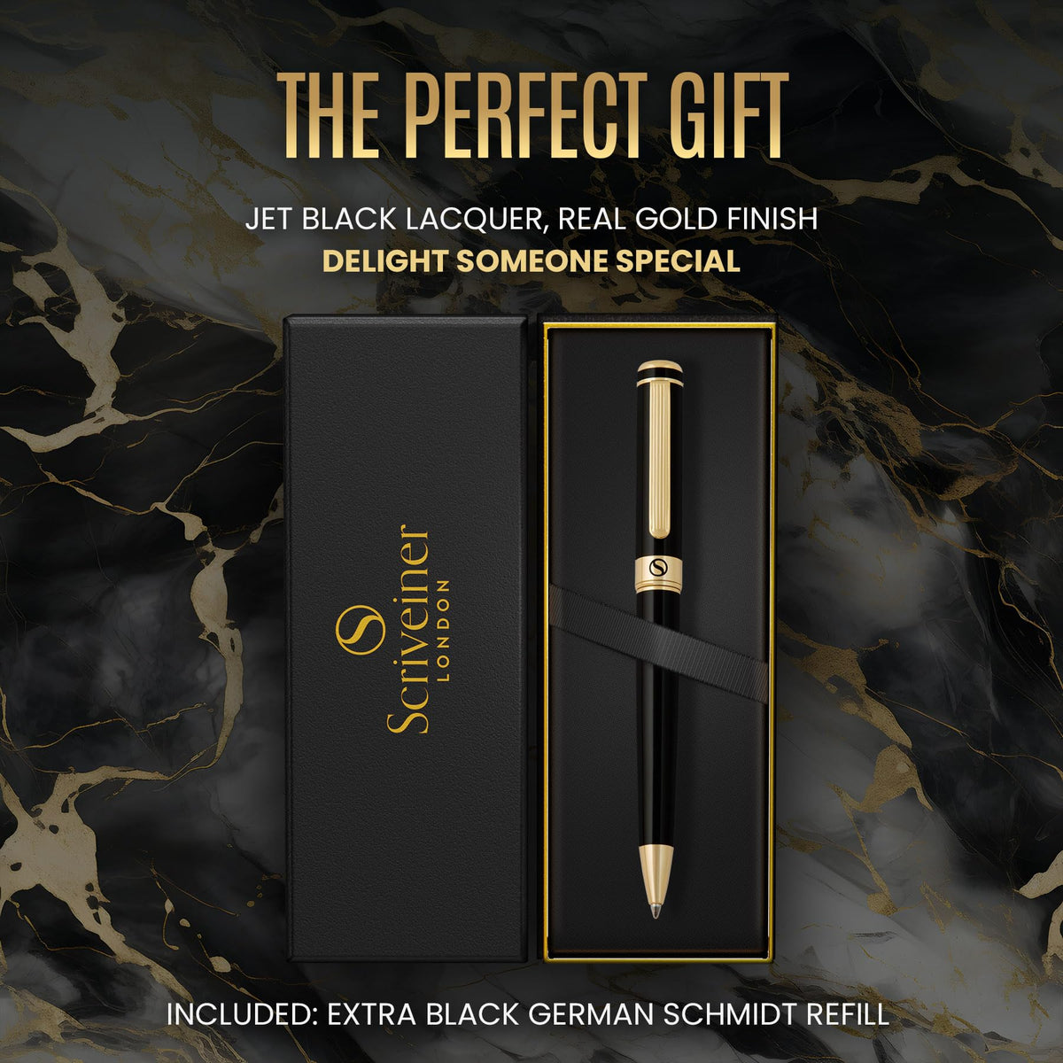 Scriveiner Black Lacquer Ballpoint Pen -Stunning Luxury Pen, Real Gold Plating, Schmidt Black