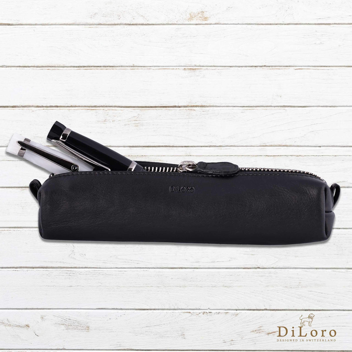 DiLoro Leather Zippered Fountain Ballpoint Rollerball Pens and Pencils Case Holder Pouch Genuine
