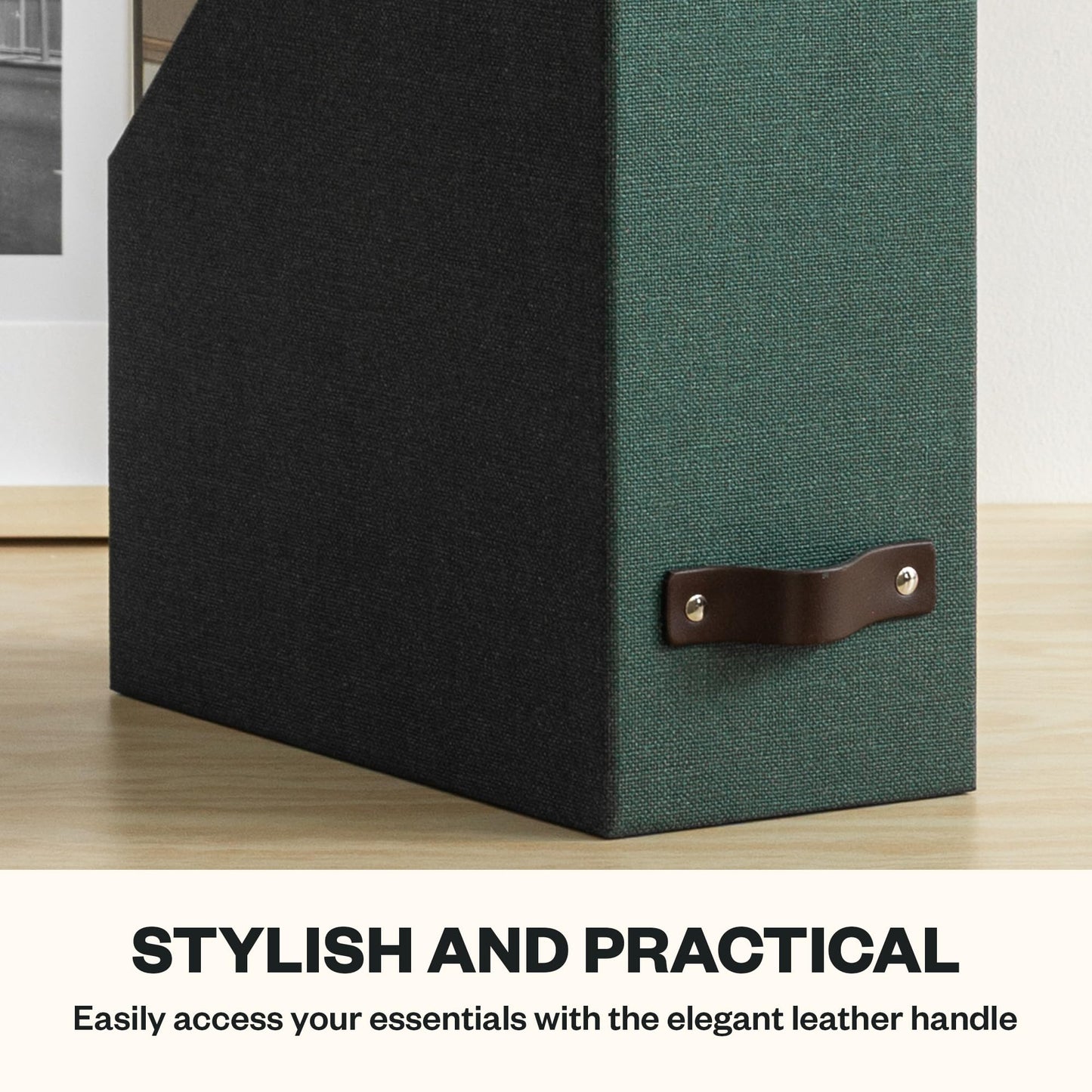 Bigso Estelle Fibreboard Magazine Holder with Leather Handle - Magazine File Holder and Organizer