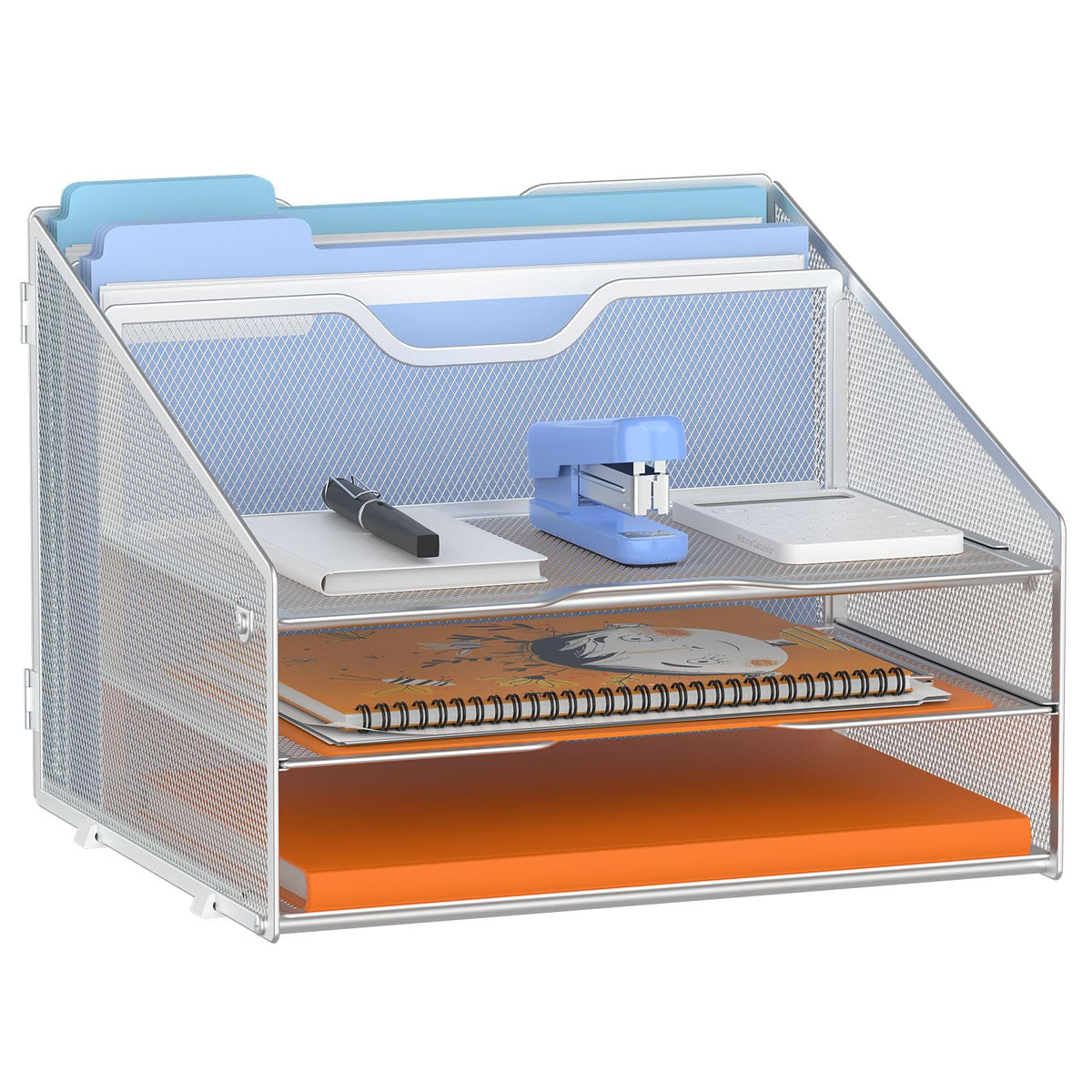 GAWERK Letter Tray Organizer, Mesh Desk File Organizer with 3 Paper Trays and 2 Vertical Upright