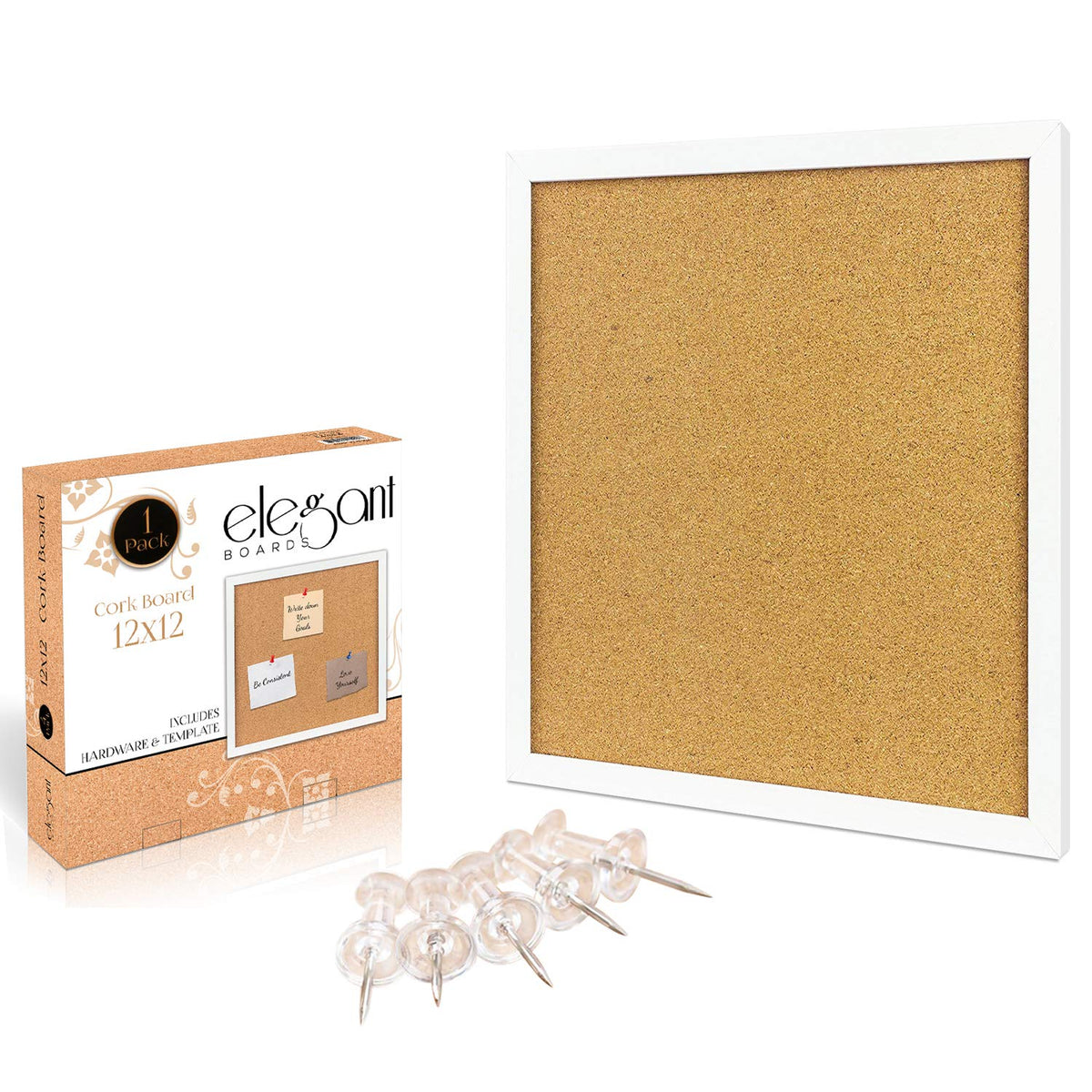 Elegant Boards Cork Bulletin Board 12"X 12" Square Wall Tile , Modern White Framed Board For Home