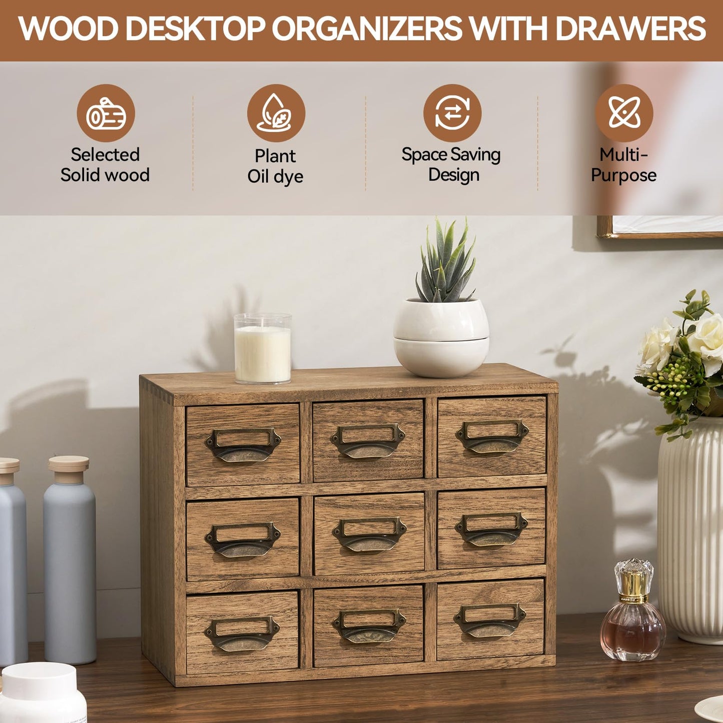 KIRIGEN Wooden Desk Organizer with 9 Drawers, Storage Cabinet, Brown