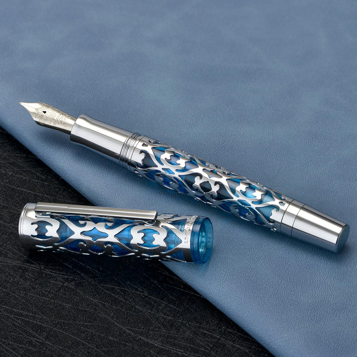 HONG DIAN D1 Piston Fountain Pen Fine Soft Nib, Silver Blue Hollow Skeleton & Resin Pen with Metal