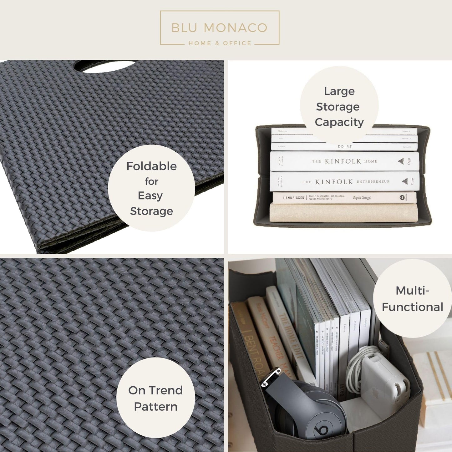 BLU MONACO | Black Woven Leather Magazine Holder with Handles | Stylish Magazine Rack for Floor or