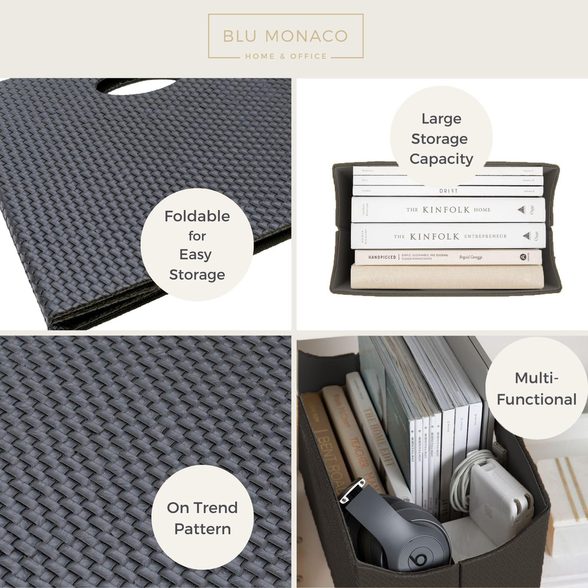 BLU MONACO | Black Woven Leather Magazine Holder with Handles | Stylish Magazine Rack for Floor or