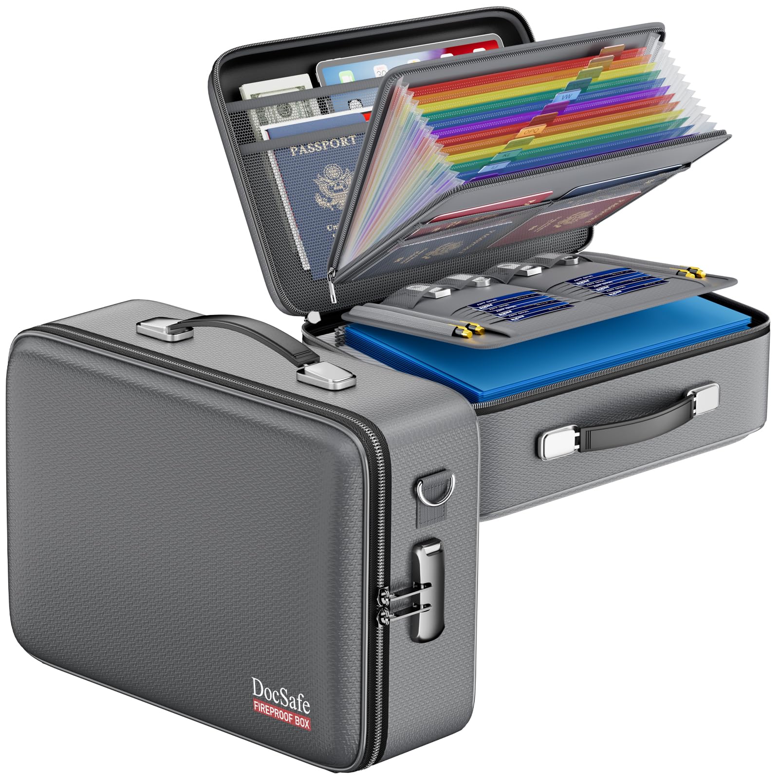DocSafe Fireproof Document Box Hard Case with Lock ＆ Accordion File Folder