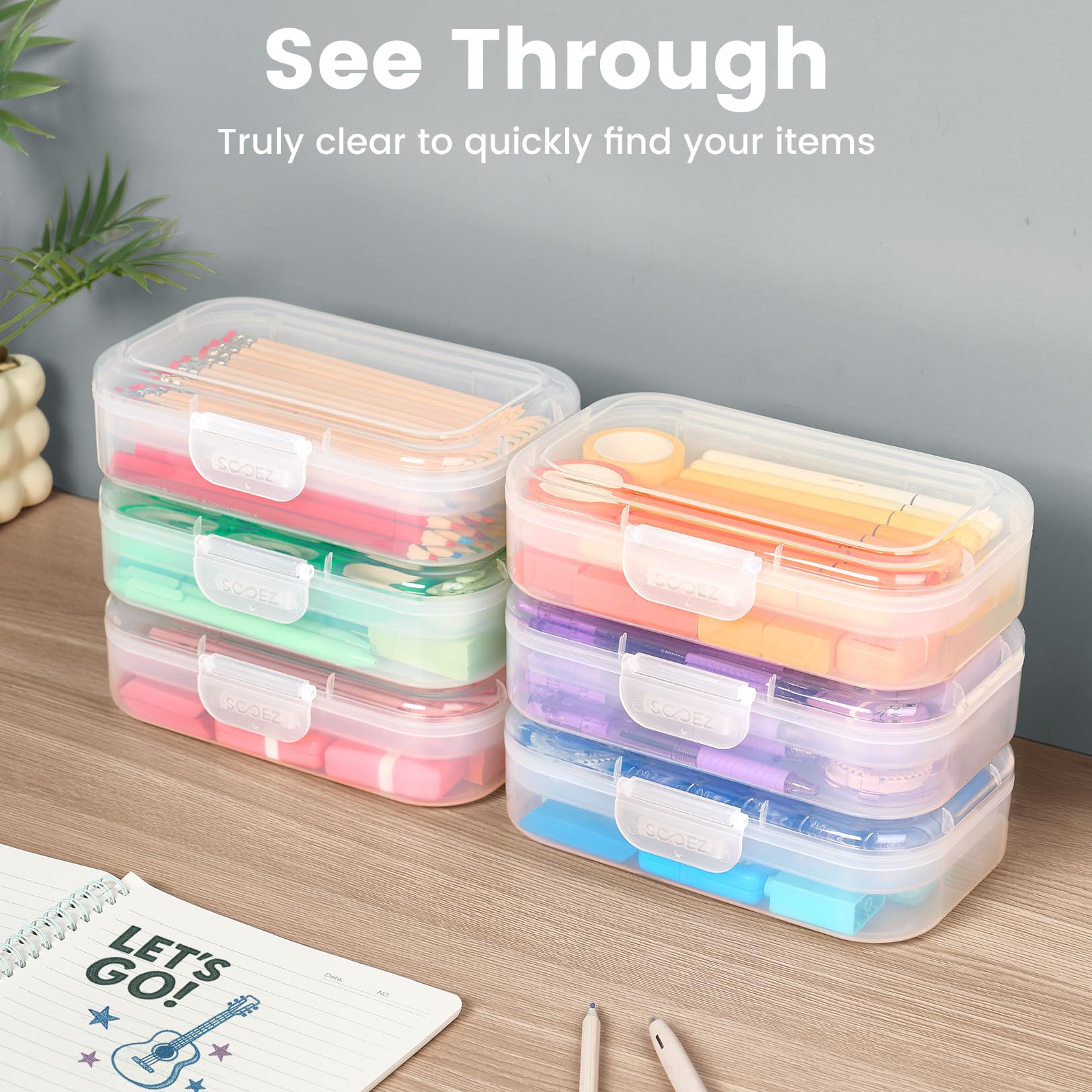 Sooez 6 Pack Pencil Box, Plastic Pencil Case Holder with Latch, Clear Crayon Box Marker Organizer