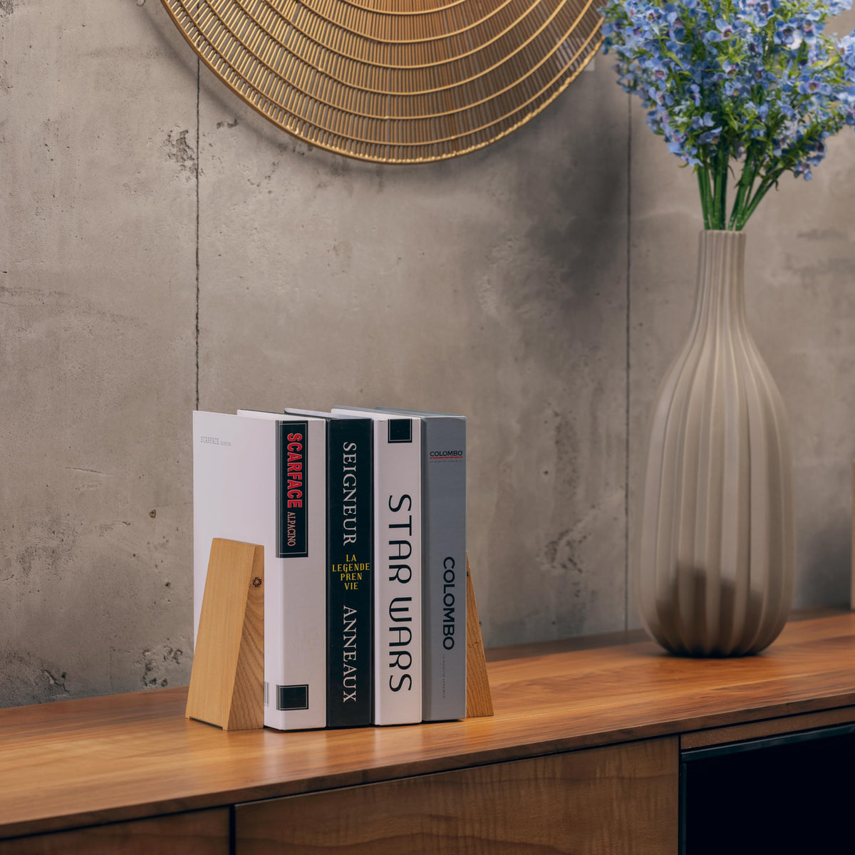 TILISMA Book Ends for Shelves - Handmade Wooden Bookends with Metal Base, Chestnut Tree - Sturdy