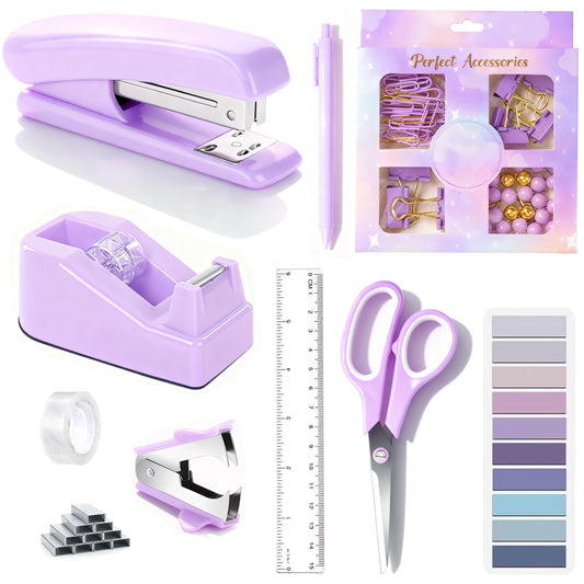 Dimonluce Purple Desk Accessories, Purple Office Supplies Accessories with Tape Dispenser, Stapler