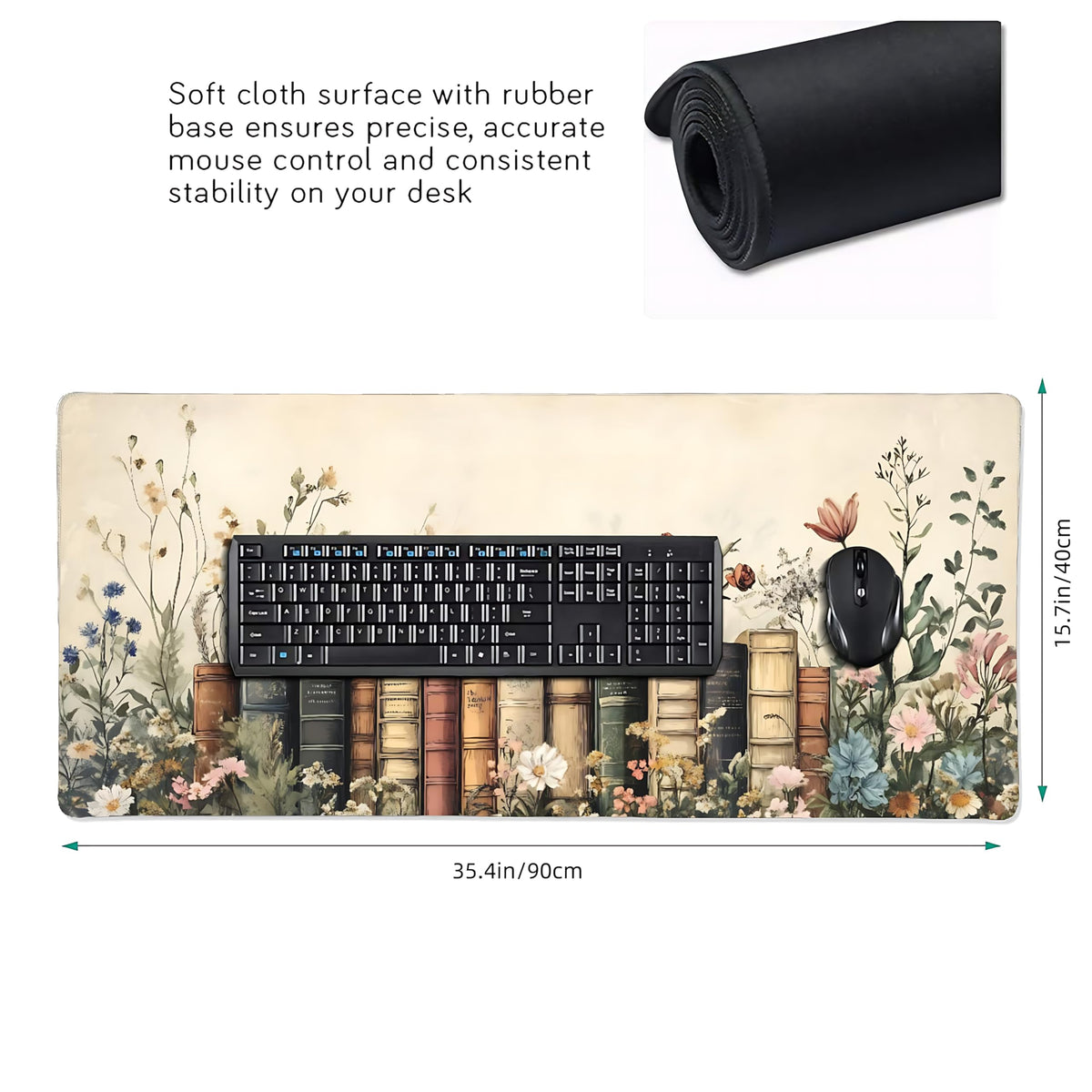 Floral Aesthetic Book Gaming Mouse Pad, Beige Vintage Botanical Desk Mat with Anti-Slip Base &