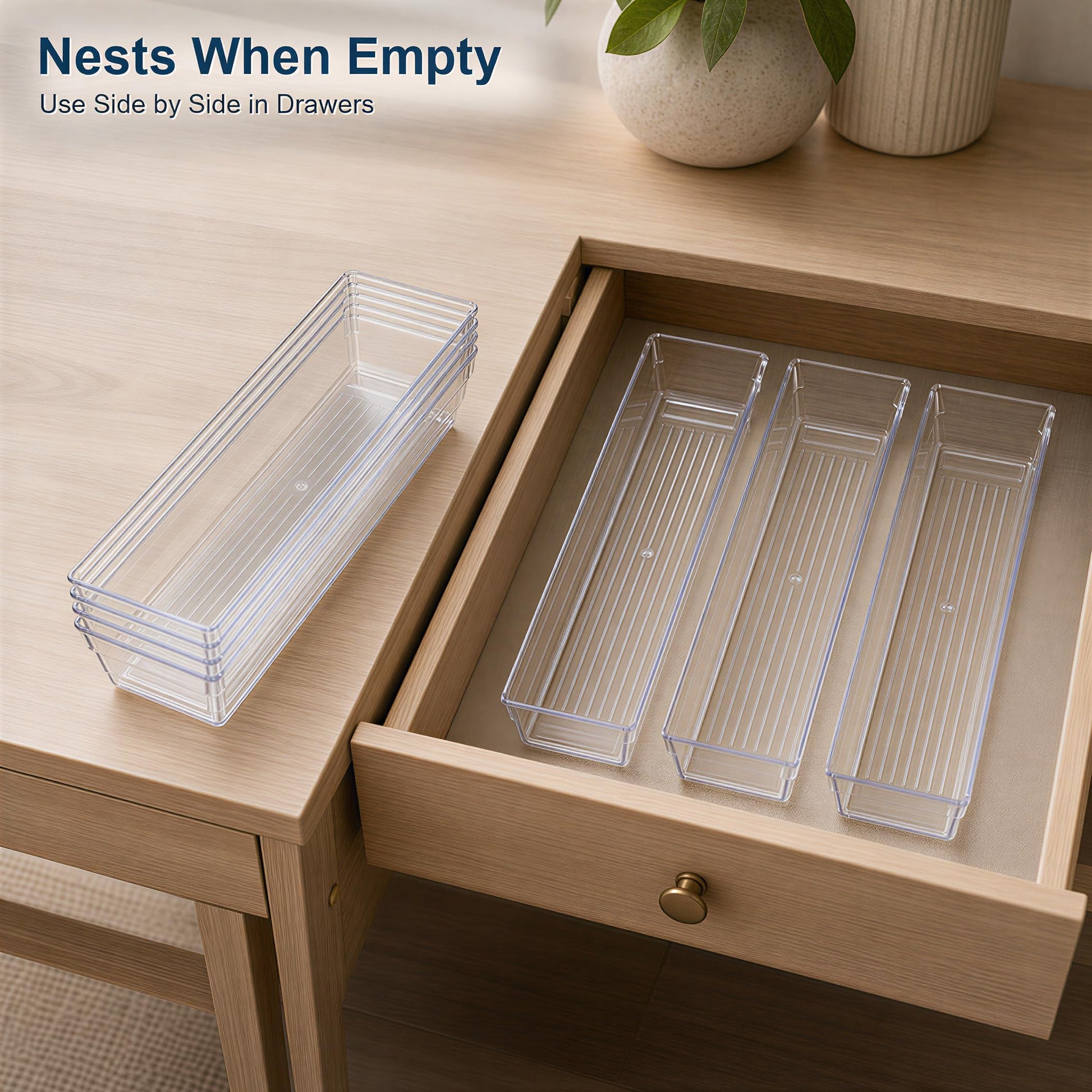 Kingrol 10 Pack Clear Narrow Tapered Drawer Organizer Trays, 12 x 3 x 2 in