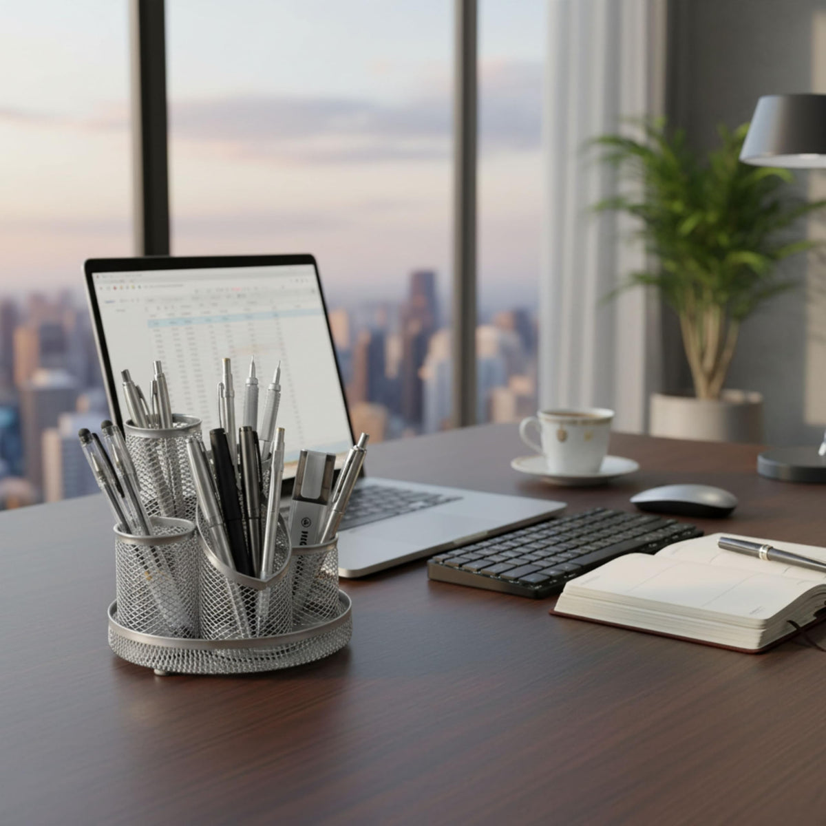 Osco Mesh Pencil Pot Scratch-Resistant with Non-Marking Base 5 Tube Silver
