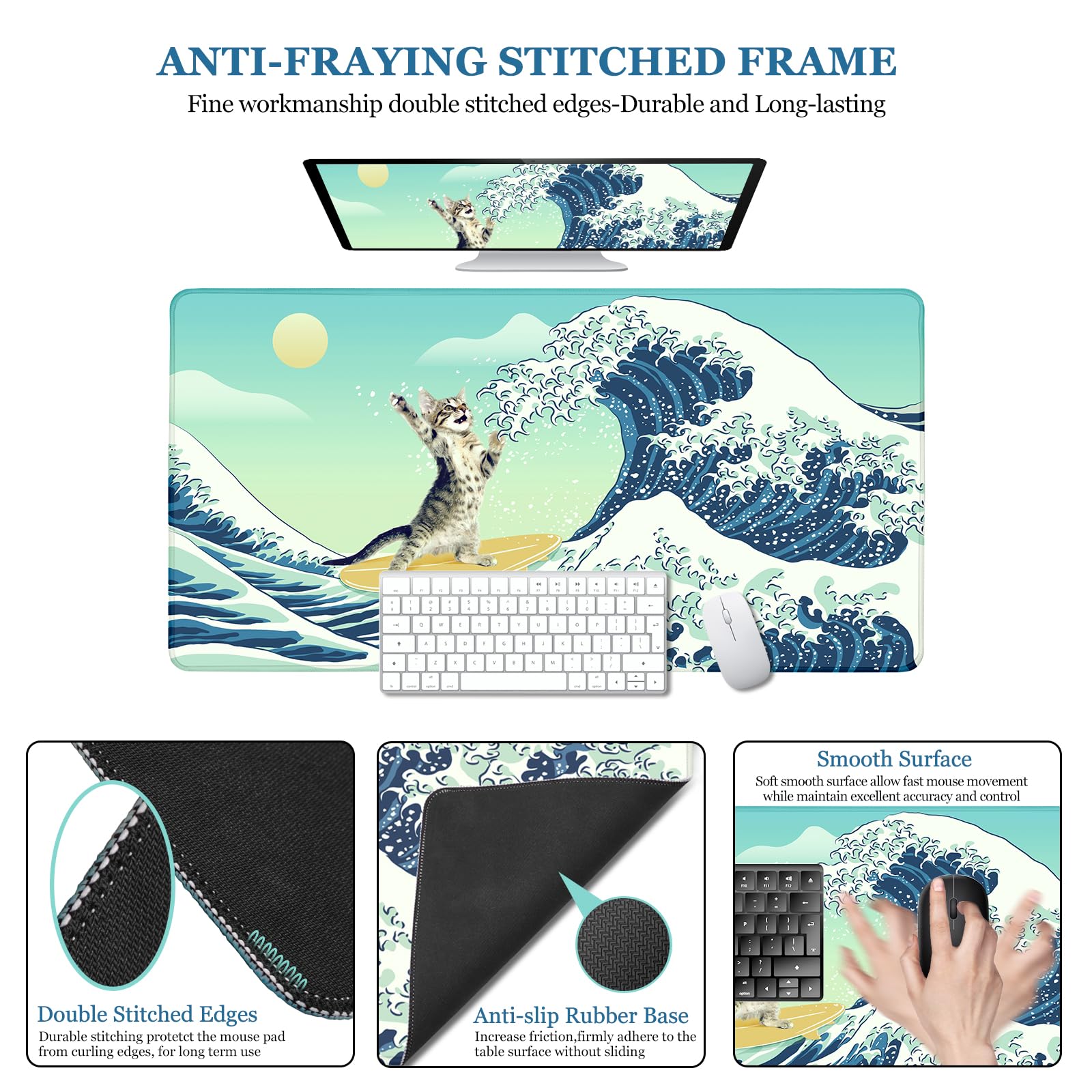 Funny Cat Desk Mat, Desk Matt for Desktop, Surfer Cat DeskPad Mat, XXL Large Mouse Pad for Desks
