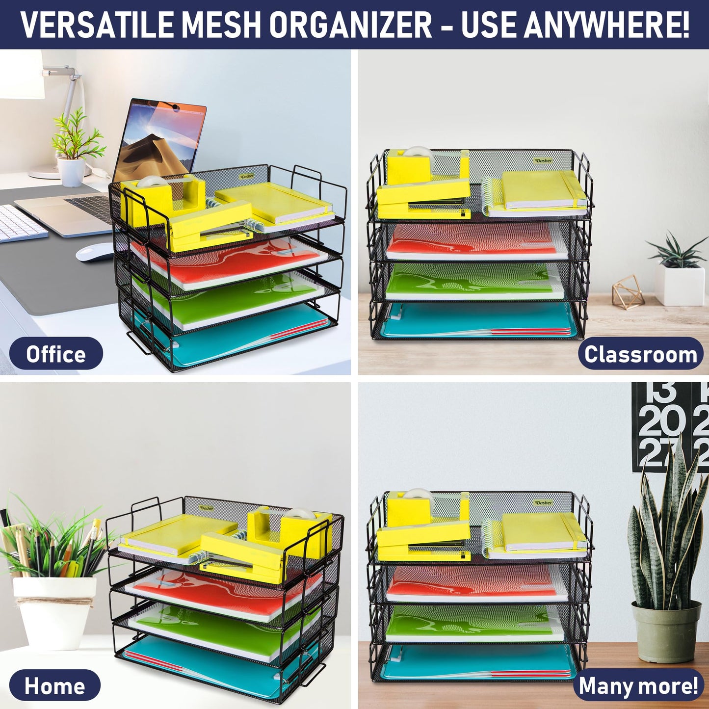 Stackable Paper Tray Desk Organizer, 4-Tier Metal Mesh Letter Organizers for Business, Home