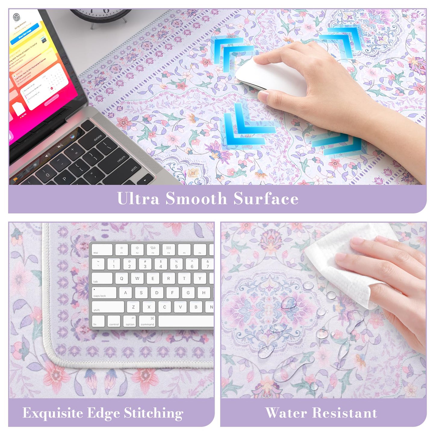 HAOCOO Purple Floral Desktop Mat, 35.4" x 15.7" Mouse Pad for Cubicle