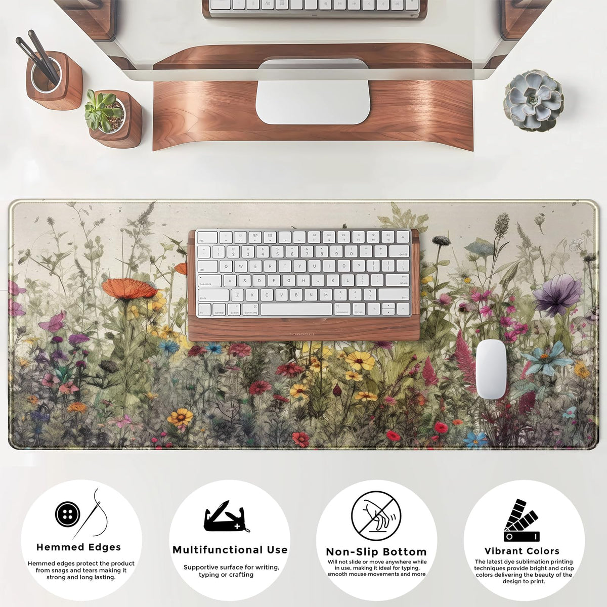 Watercolor Flowers Desk Mat Floral Boho XL Mouse Pad Large Mousepad Extended Vintage Aesthetic
